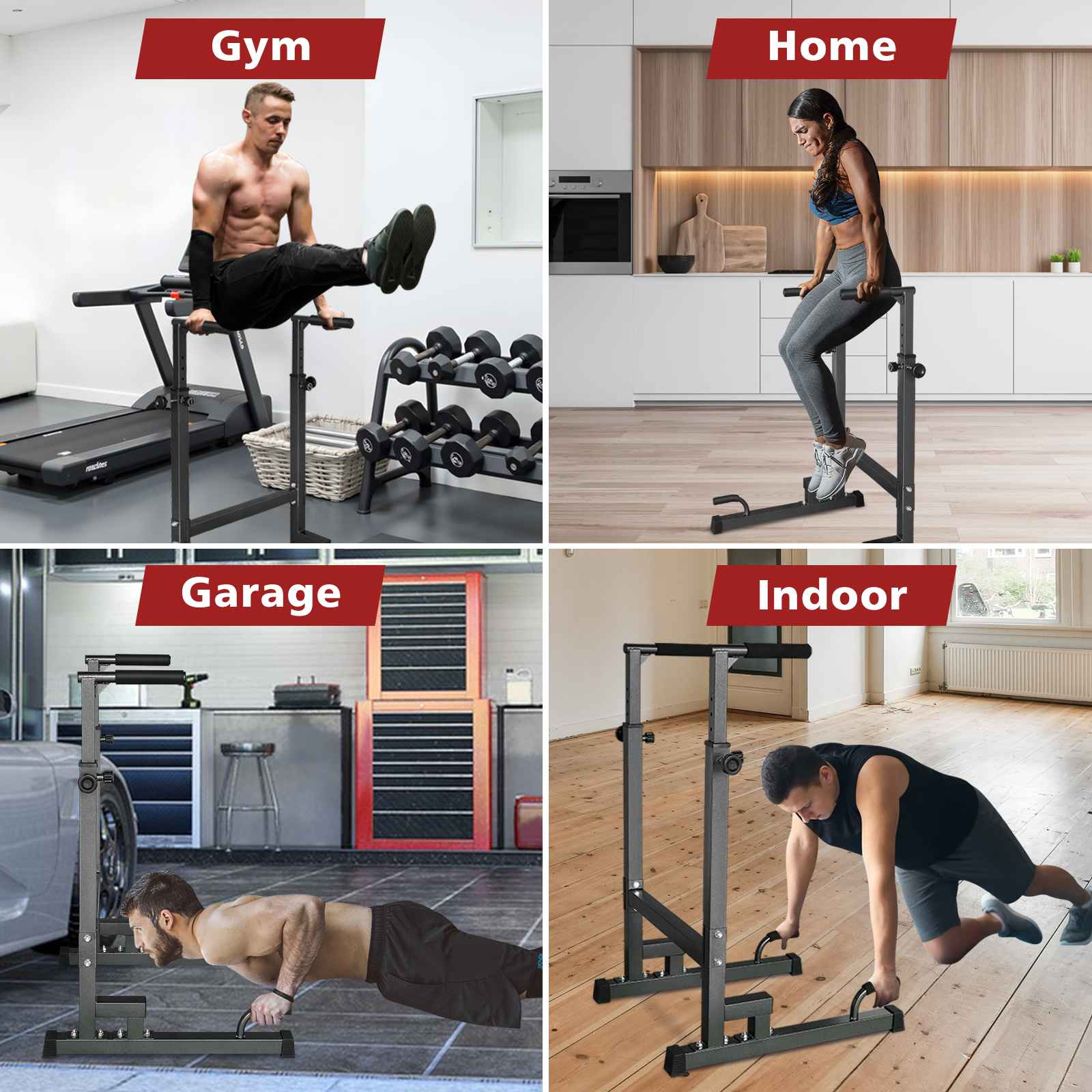 Vier Bilder, die zeigen, wie Menschen zu Hause, im Fitnessstudio, in der Garage und drinnen ein Fitnessgerät benutzen.