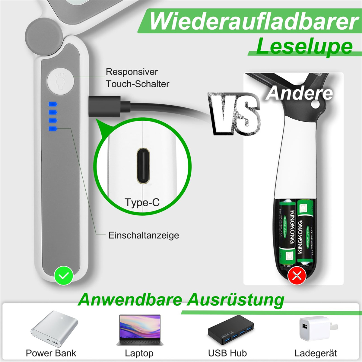 Eine Lupe mit Griff, die einen Ladeanschluss und kompatible Geräte zeigt.