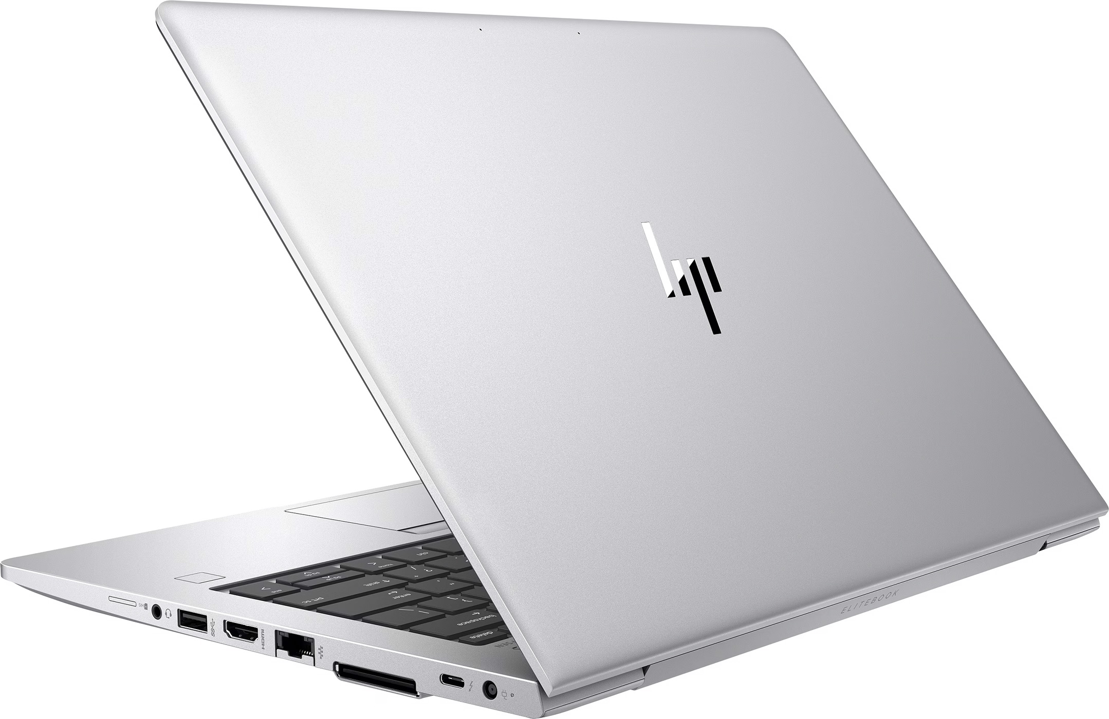 Silver laptop, open at an angle, showing the keyboard. HP logo on the back.