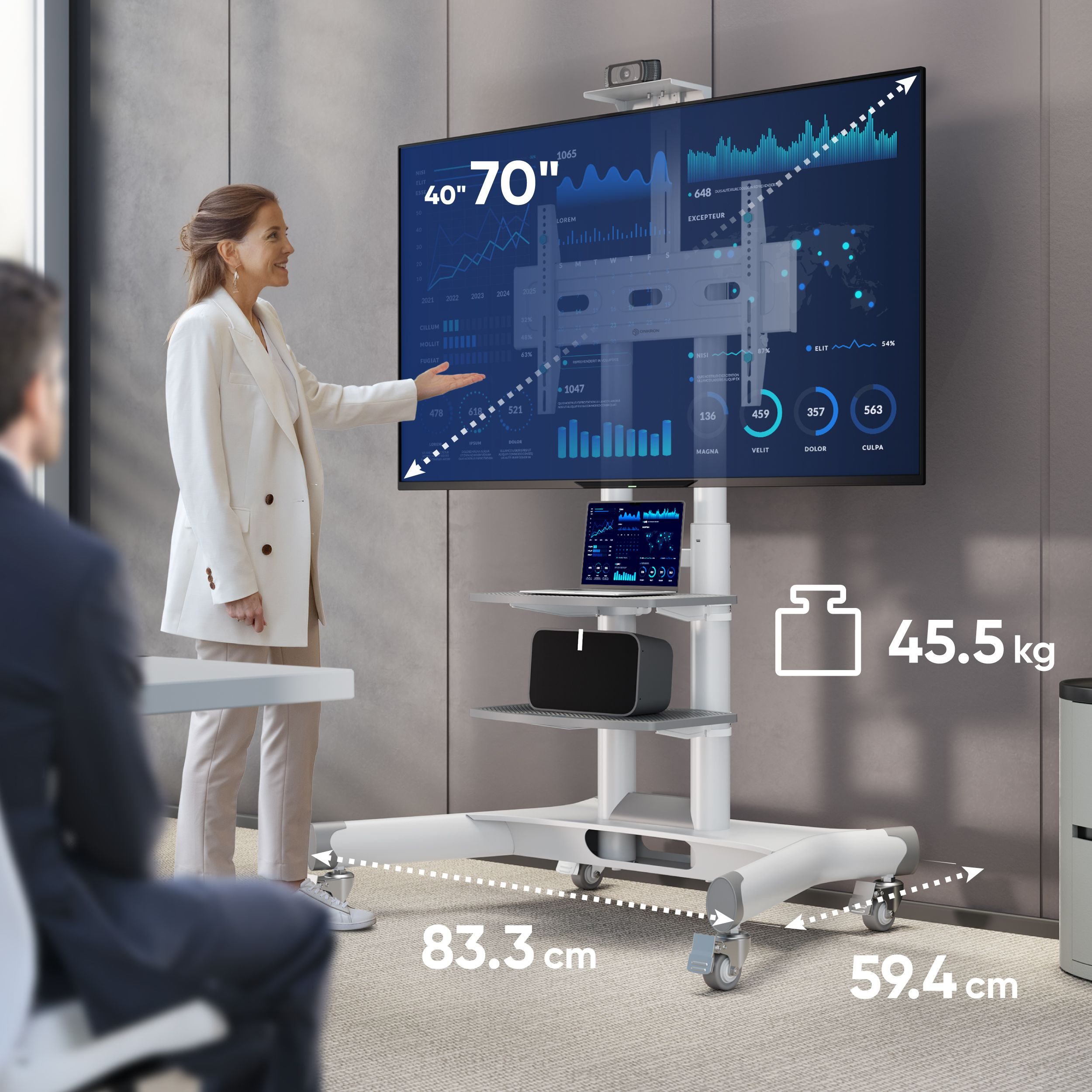 Kobieta wskazująca na ekran telewizora wyświetlający dane, z laptopem, głośnikami i oznaczonymi wymiarami. Tło biurowe.