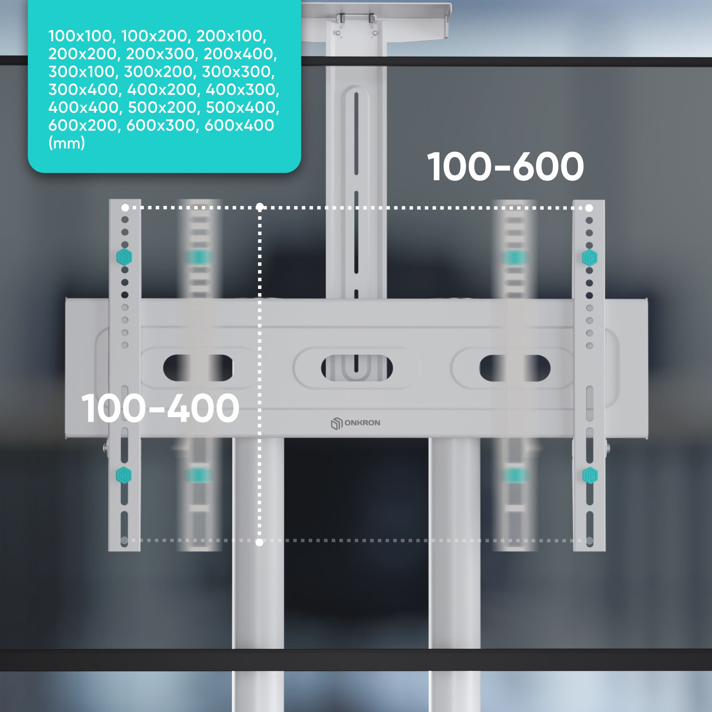 Zbliżenie białego stojaka pod telewizor z wymiarami i specyfikacjami kompatybilności. Ciemne tło.