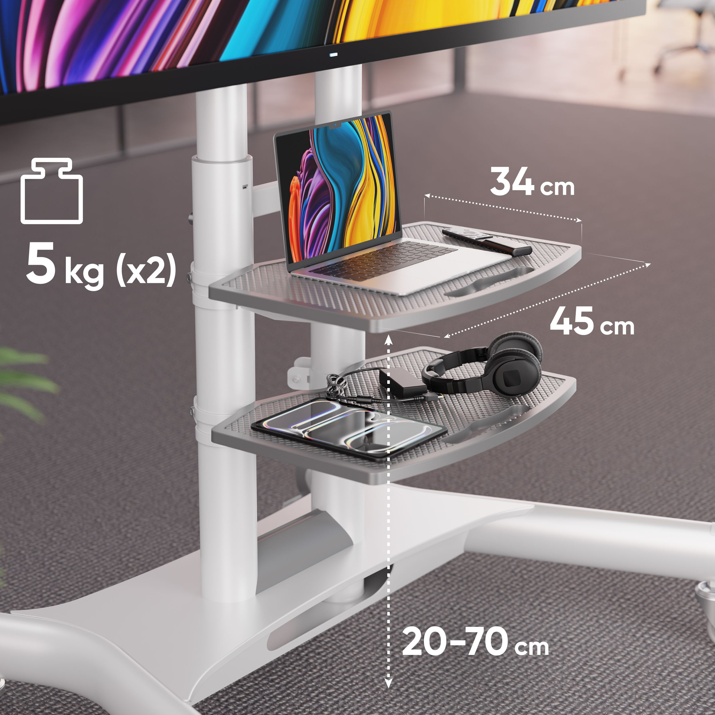 Stojak pod telewizor z laptopem, słuchawkami, tabletem i oznaczonymi wymiarami. Szare półki, biały stojak i tło biurowe.