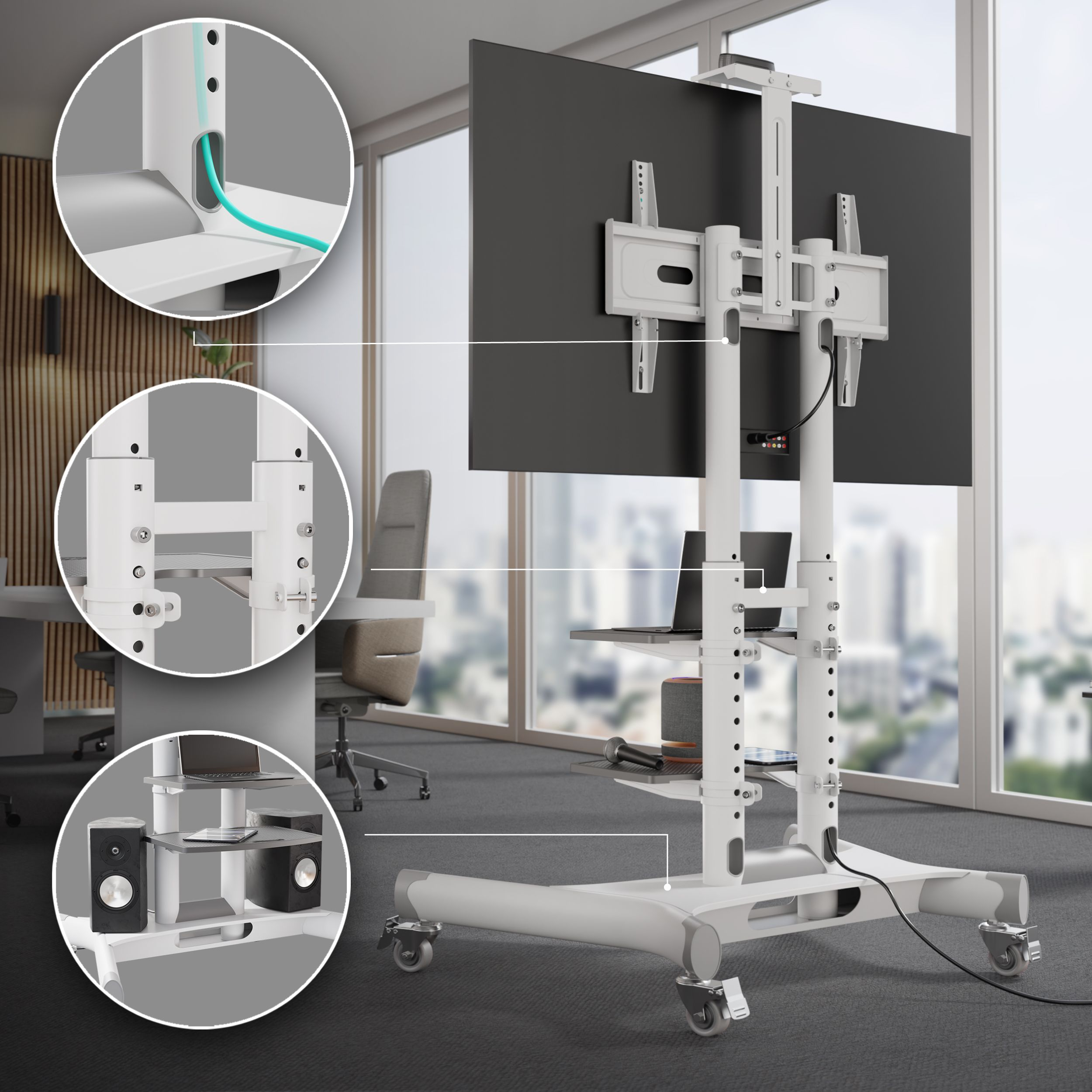 Stojak pod telewizor z ekranem, laptopem, głośnikami i szczegółami zarządzania kablami. Otoczenie biurowe z rozmytym tłem.