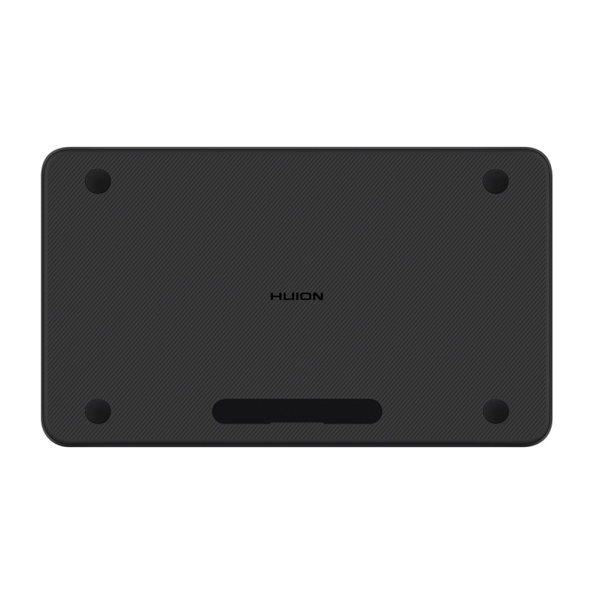 Czarny tył tabletu z teksturą. Cztery czarne gumowe nóżki. Marka 'HUION' jest nadrukowana na tablecie.