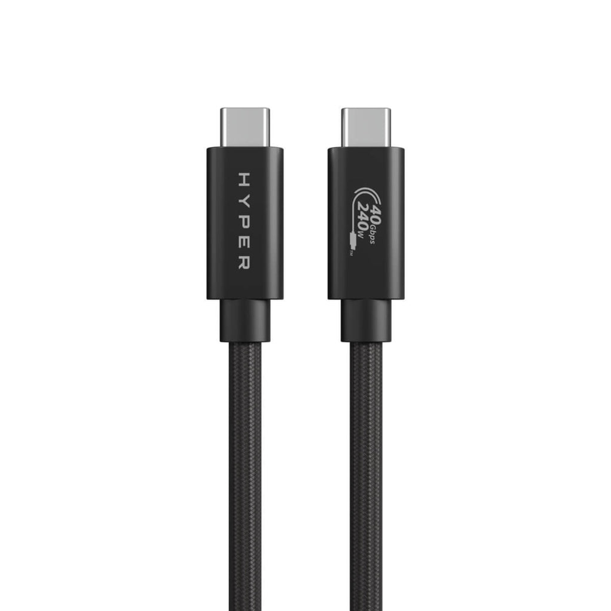 Zwei schwarze USB-C-Kabel nebeneinander. Eines zeigt HYPER, das andere 40 Gbit/s und 240 W.