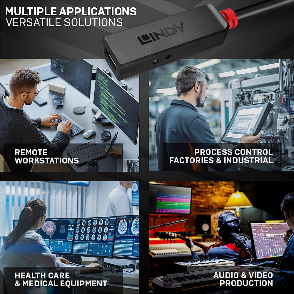 Un collage che mostra postazioni di lavoro remote, controllo dei processi, assistenza sanitaria e produzione audio utilizzando un prodotto LINDY.