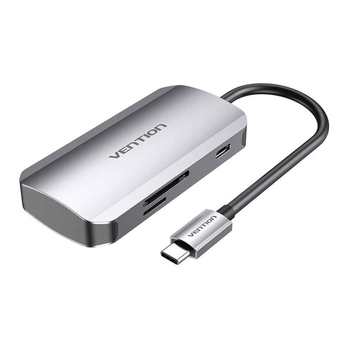 Hub USB-C Vention argentato con connettore USB-C, porte USB e lettori di schede. Cavo nero.