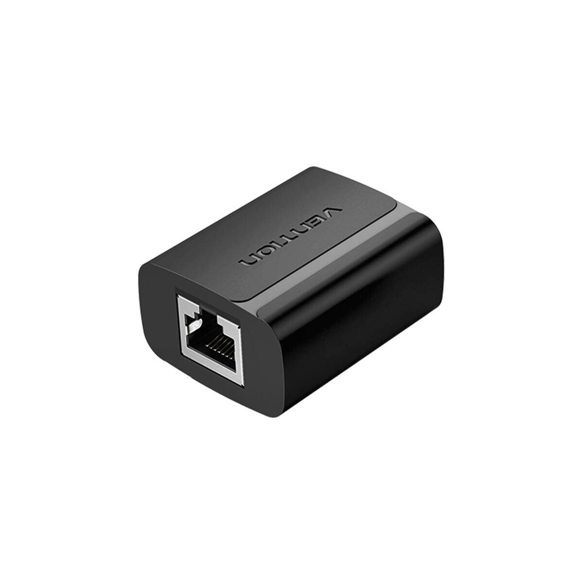 Ein kompakter, schwarzer Vention-Adapter mit einem einzelnen Ethernet-Anschluss wird vor einem weißen Hintergrund angezeigt und ist für die Netzwerknutzung konzipiert.