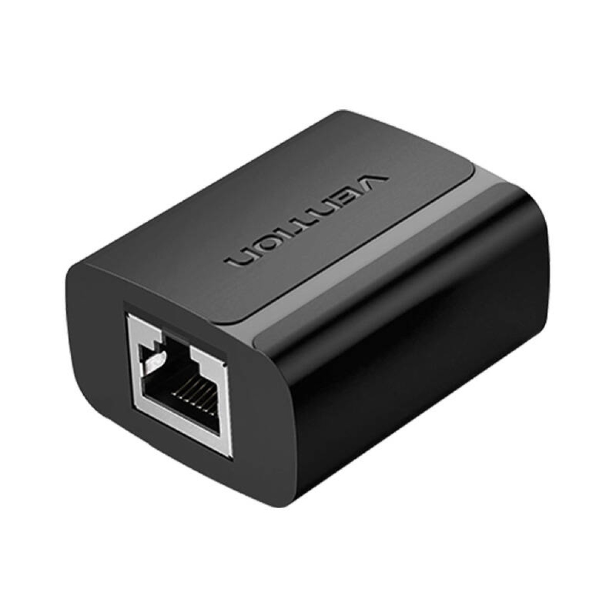 Ein schwarzer, rechteckiger Netzwerkadapter mit dem Wort "VENTION" auf der Seite, vor einem weißen Hintergrund.
