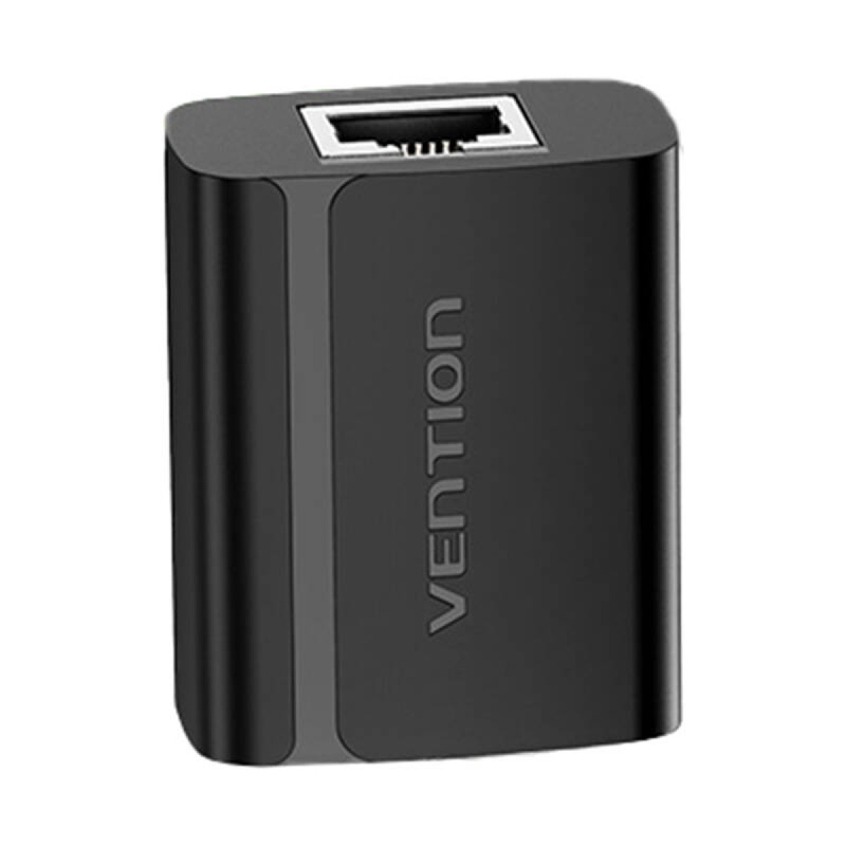 Ein vertikaler, schwarzer Vention-Adapter mit einem einzelnen Ethernet-Anschluss wird vor einem weißen Hintergrund gezeigt und ist für Netzwerkanwendungen konzipiert.
