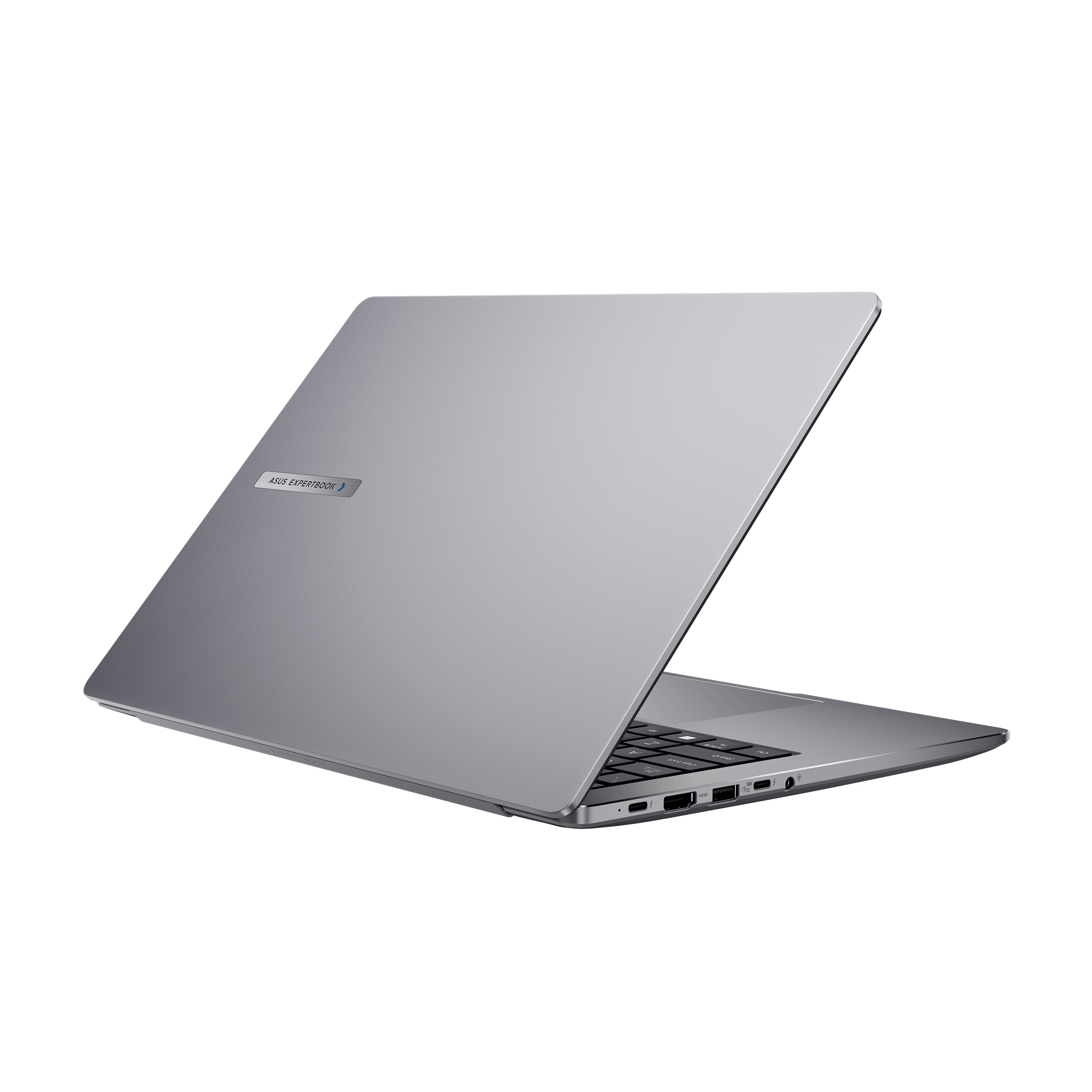 Ein grauer ASUS ExpertBook Laptop ist abgewinkelt und zeigt sein schlankes Design und seine Anschlüsse vor einem schlichten weißen Hintergrund.