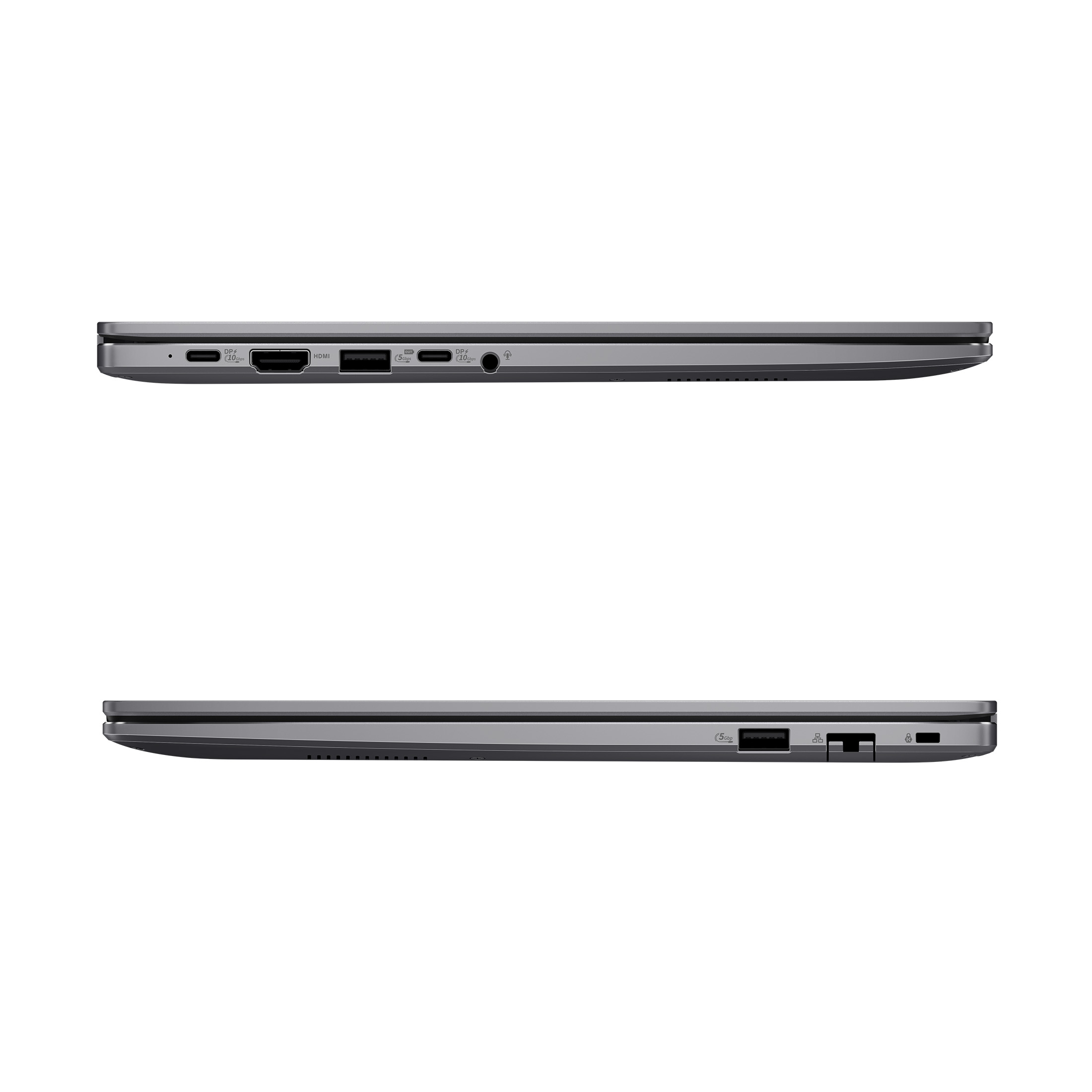 Zwei Laptops, Seitenansicht, zeigen Anschlüsse und schlankes Design vor weißem Hintergrund.
