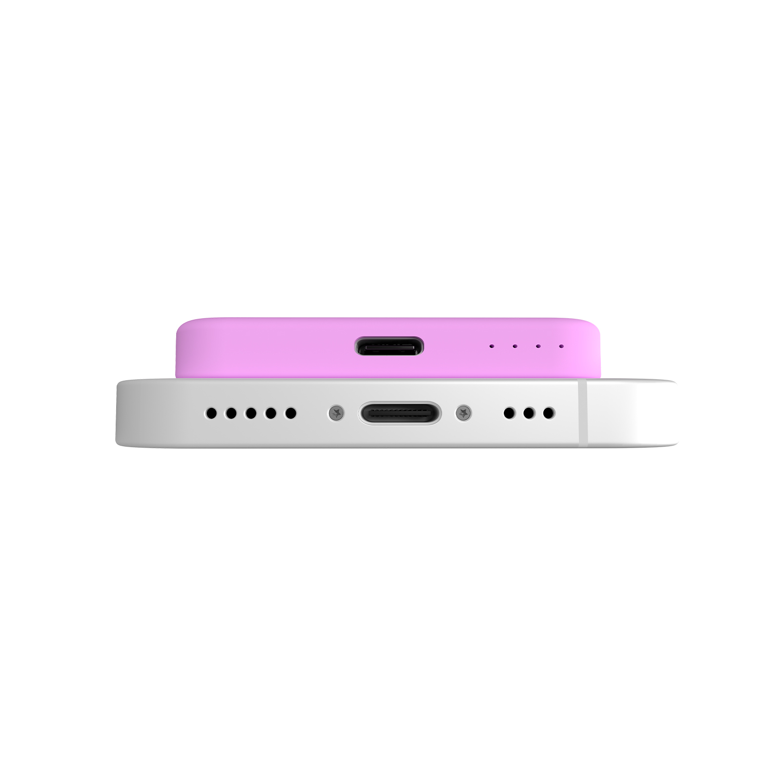 Ein weißes Telefon liegt auf einem rosa Ladepad, zeigt Anschlüsse und ein sauberes Design.