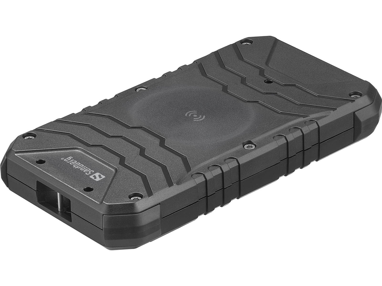 Une batterie externe noire à l'aspect robuste avec un symbole de chargement sans fil sur le dessus et des ports sur le côté.