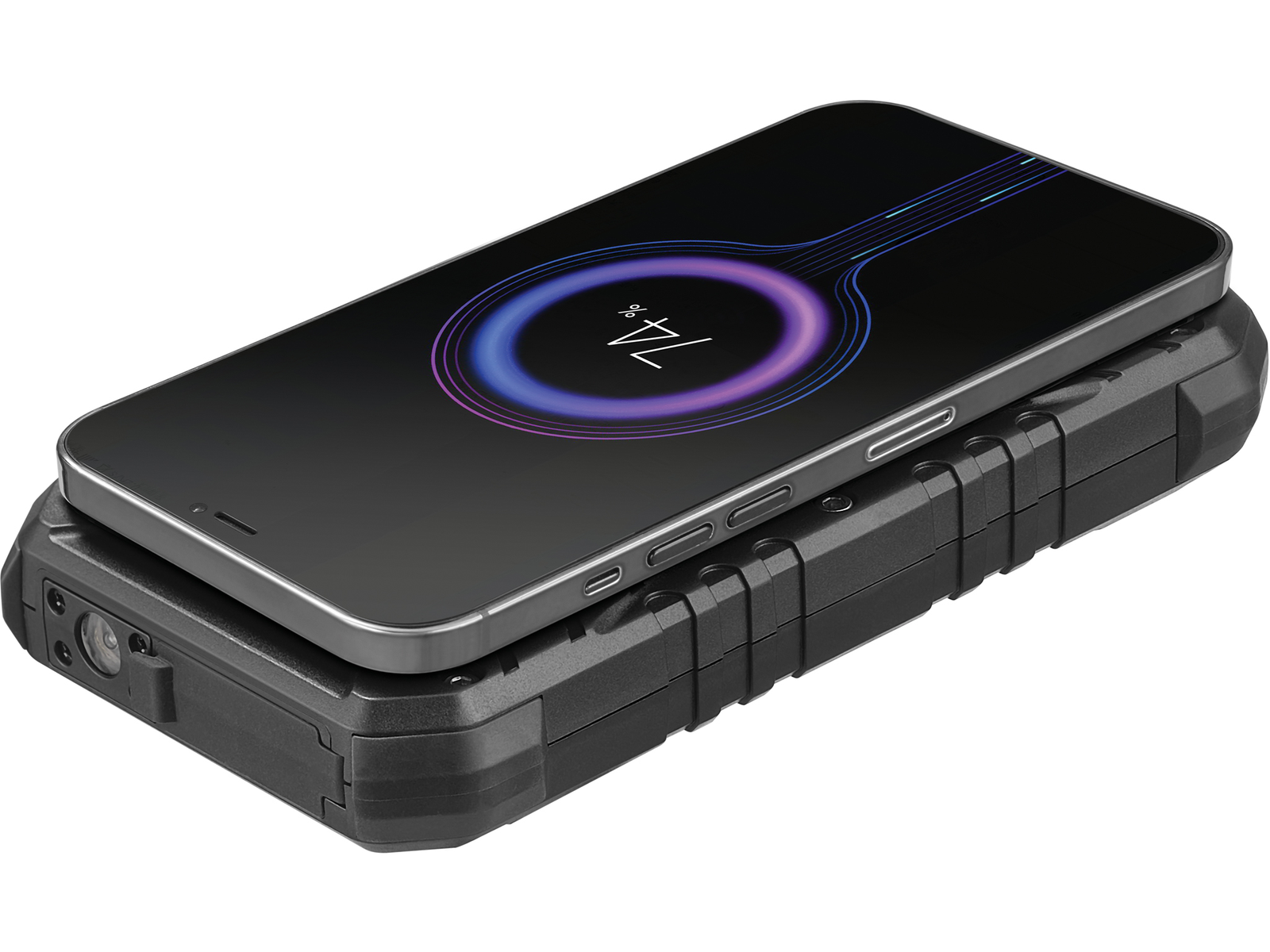 Un téléphone noir se charge sans fil sur une batterie externe noire, montrant une icône de chargement.