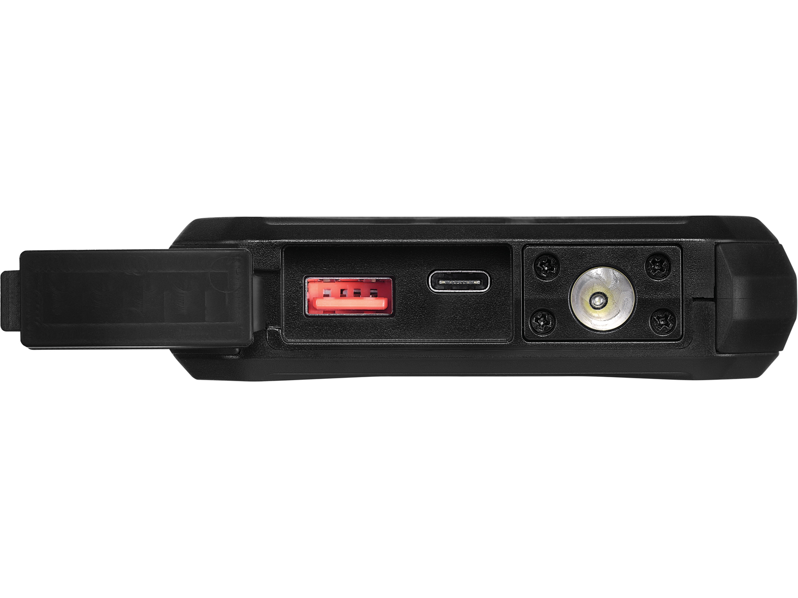 Gros plan sur une batterie externe noire avec des ports, un port USB-C et une lampe de poche.
