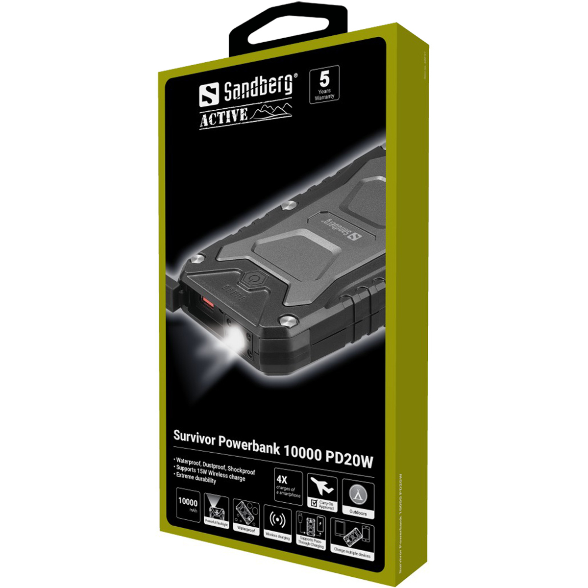 Boîte noire et grise Sandberg powerbank, avec détails du produit et image de la powerbank.
