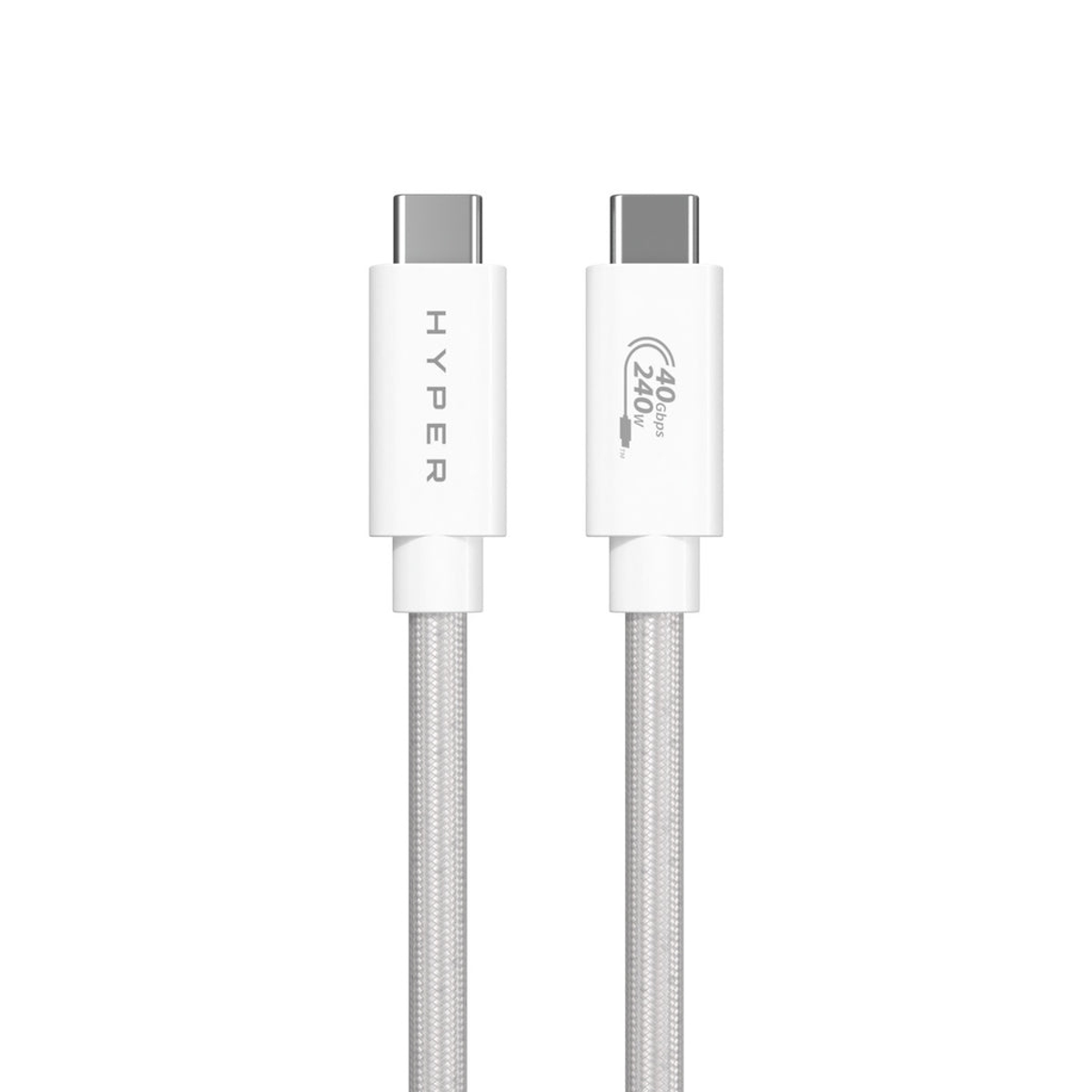 Cable de carga blanco con conectores USB-C, la palabra HYPER en un extremo, 40Gbps 240W en el otro.
