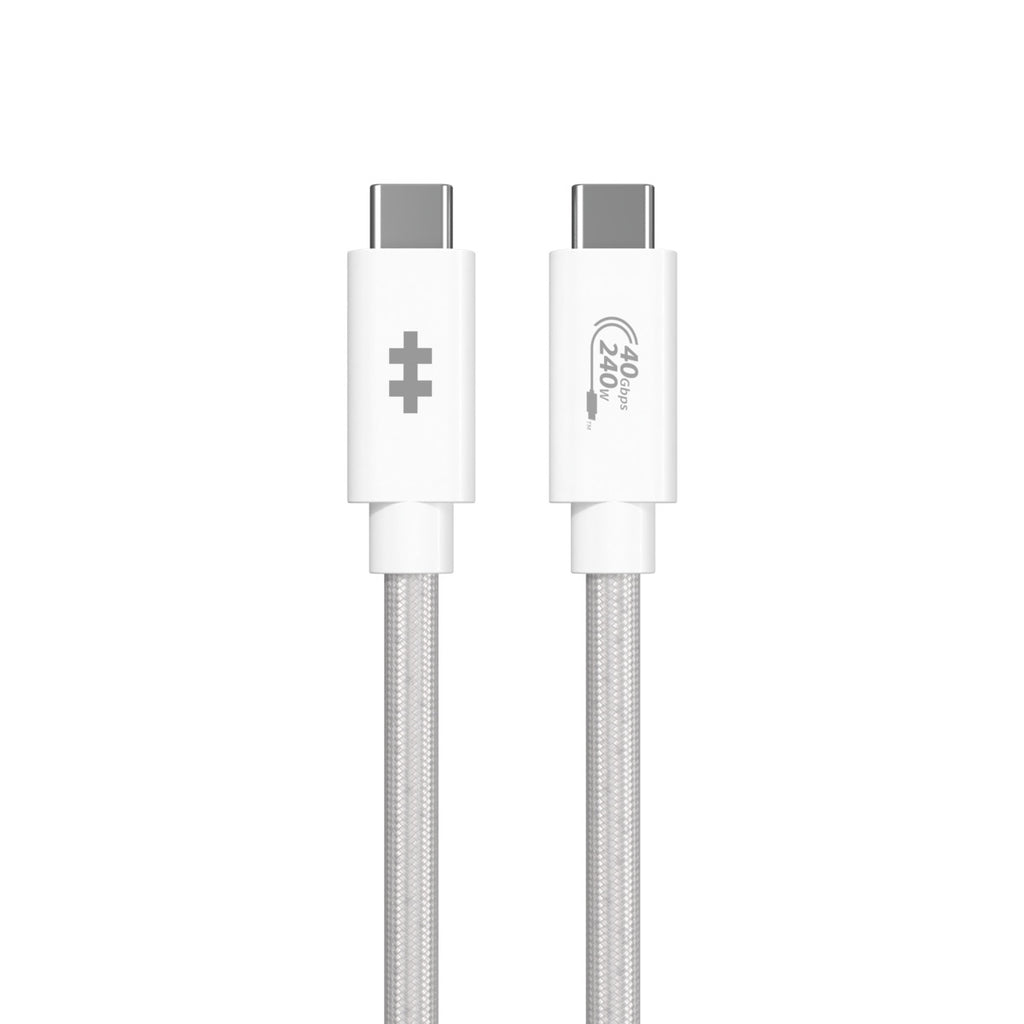 Dos cables USB-C blancos con cables trenzados plateados y conectores en cada extremo.