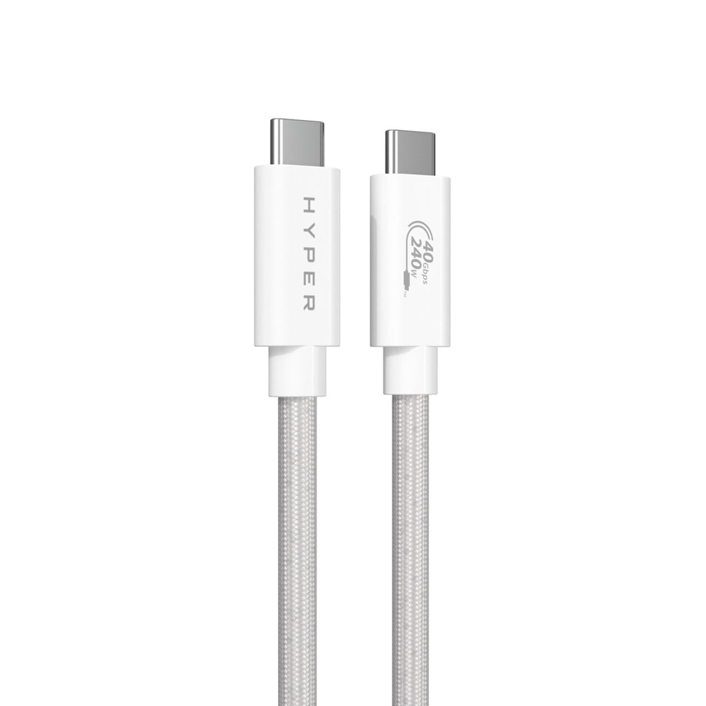 Dos cables USB-C blancos con cables trenzados plateados y conectores, marca Hyper.