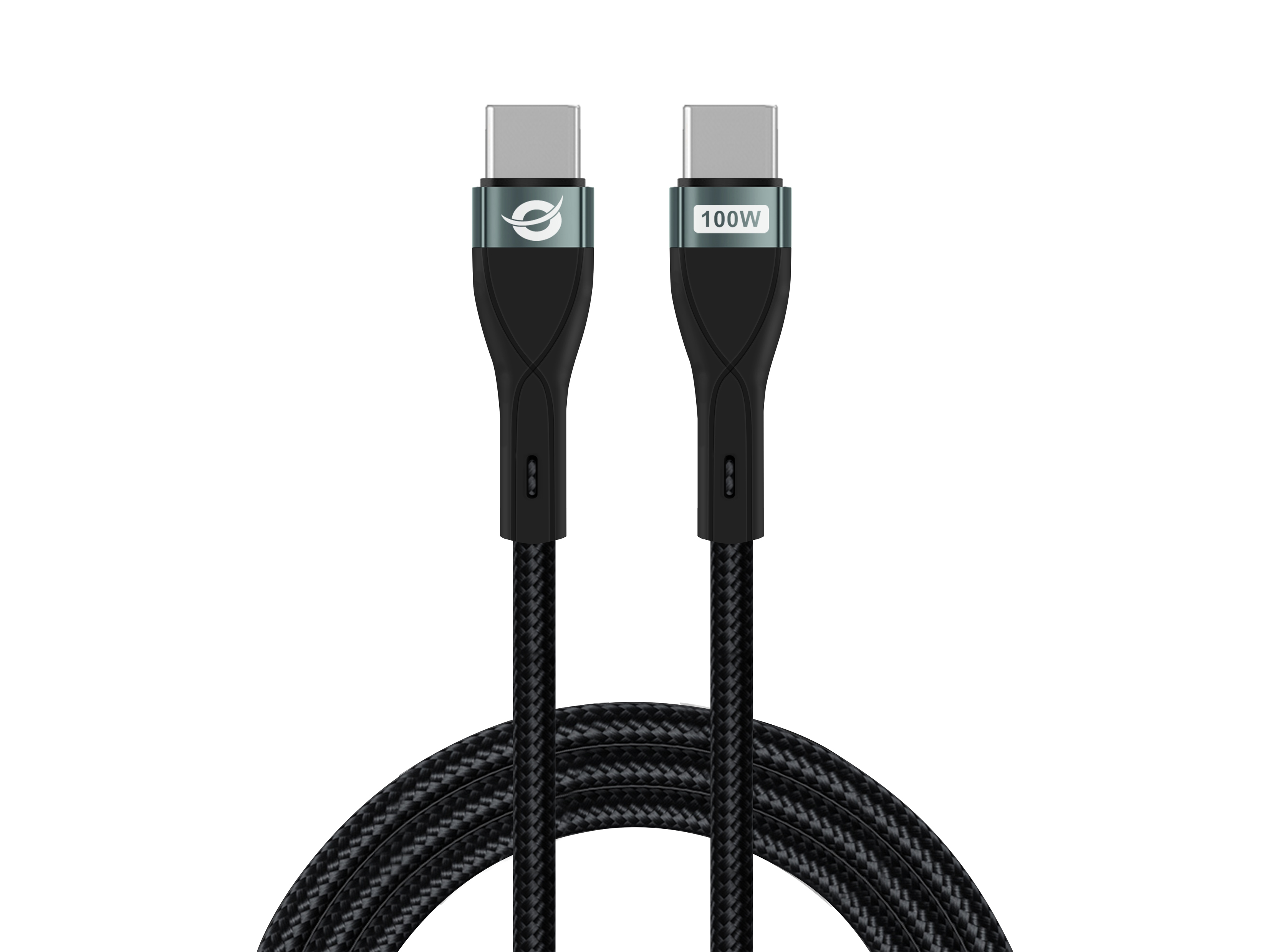 Zwei schwarze USB-C-Kabel mit geflochtenem Design und Steckern, eines mit 100W, das andere mit Logo.