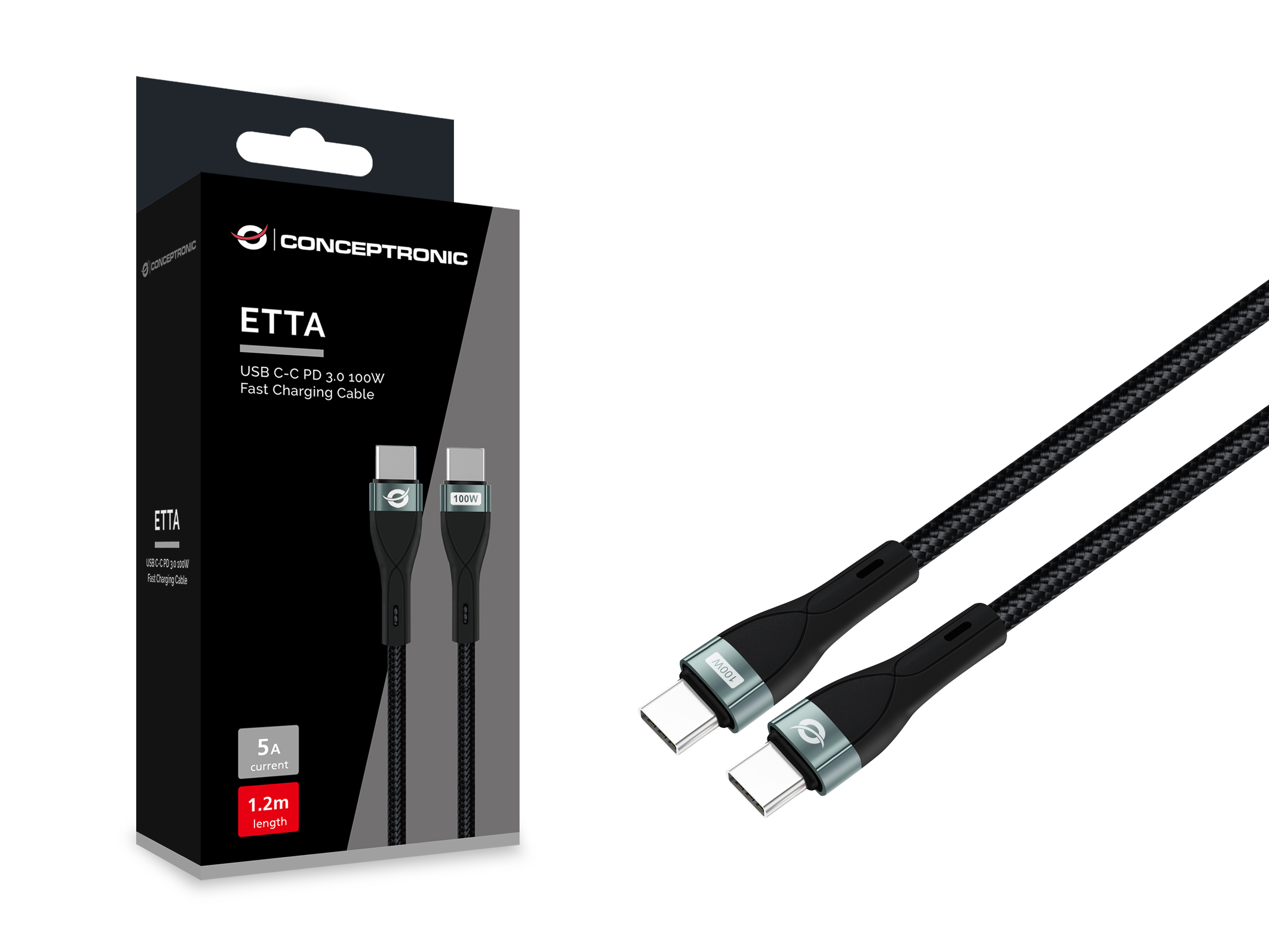 Schwarze Box mit einem USB-C-Ladekabel und einem Markennamen darauf. Weißer Hintergrund.