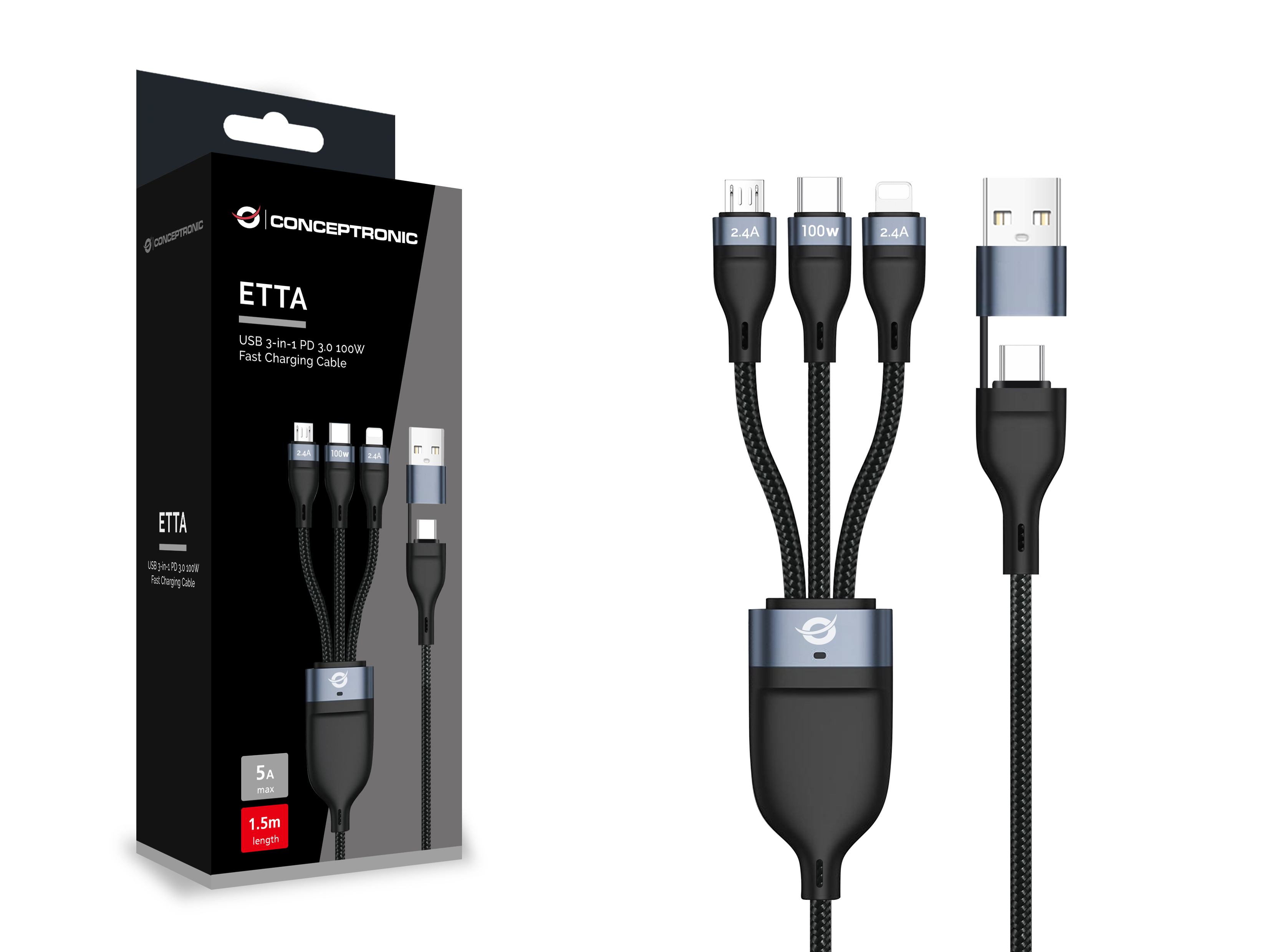 Eine schwarz-weiße Box mit verschiedenen USB-Kabeln, beschriftet ETTA, mit 100W und 5A.