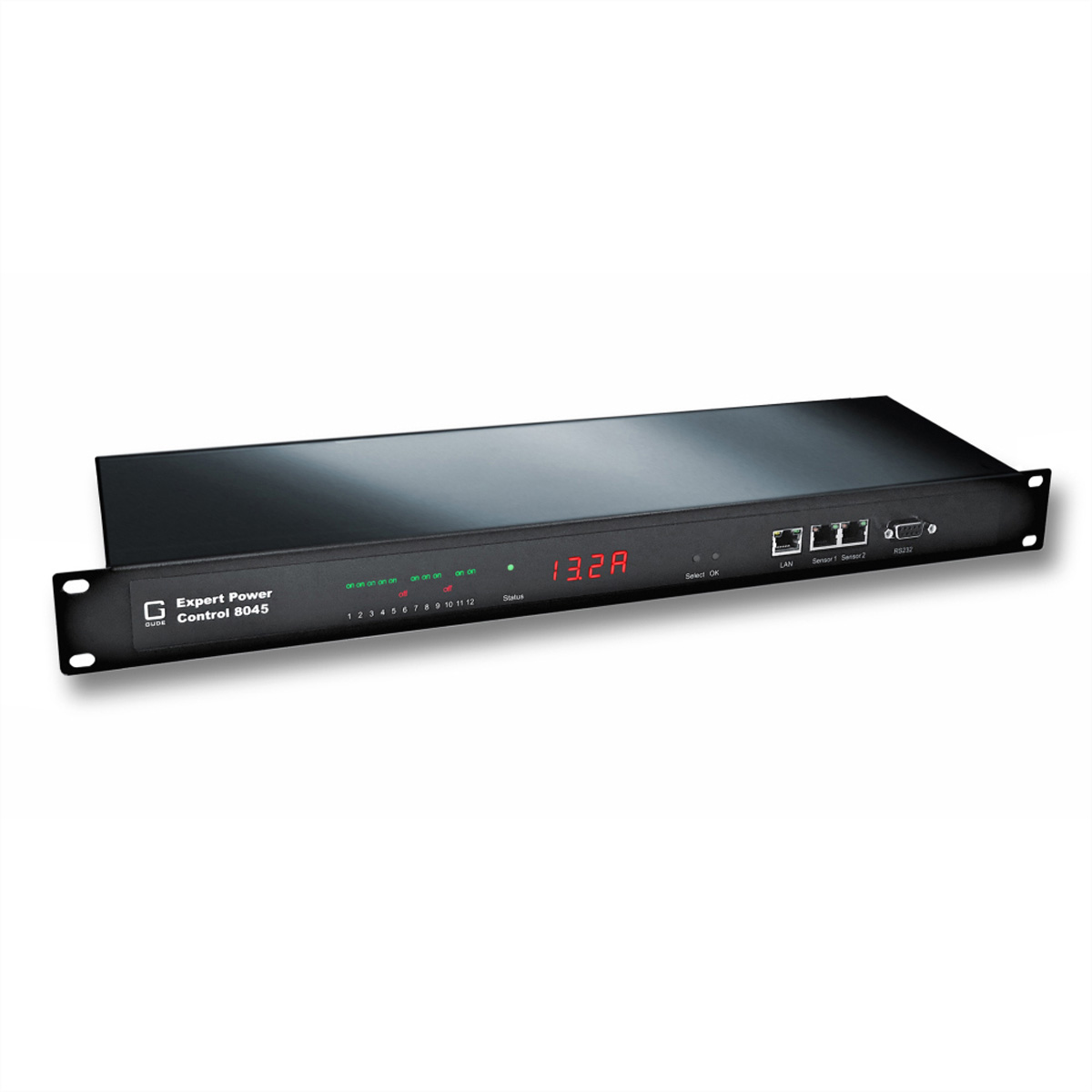 Pannello di controllo nero montato su rack con display LED che mostra 13.2A.