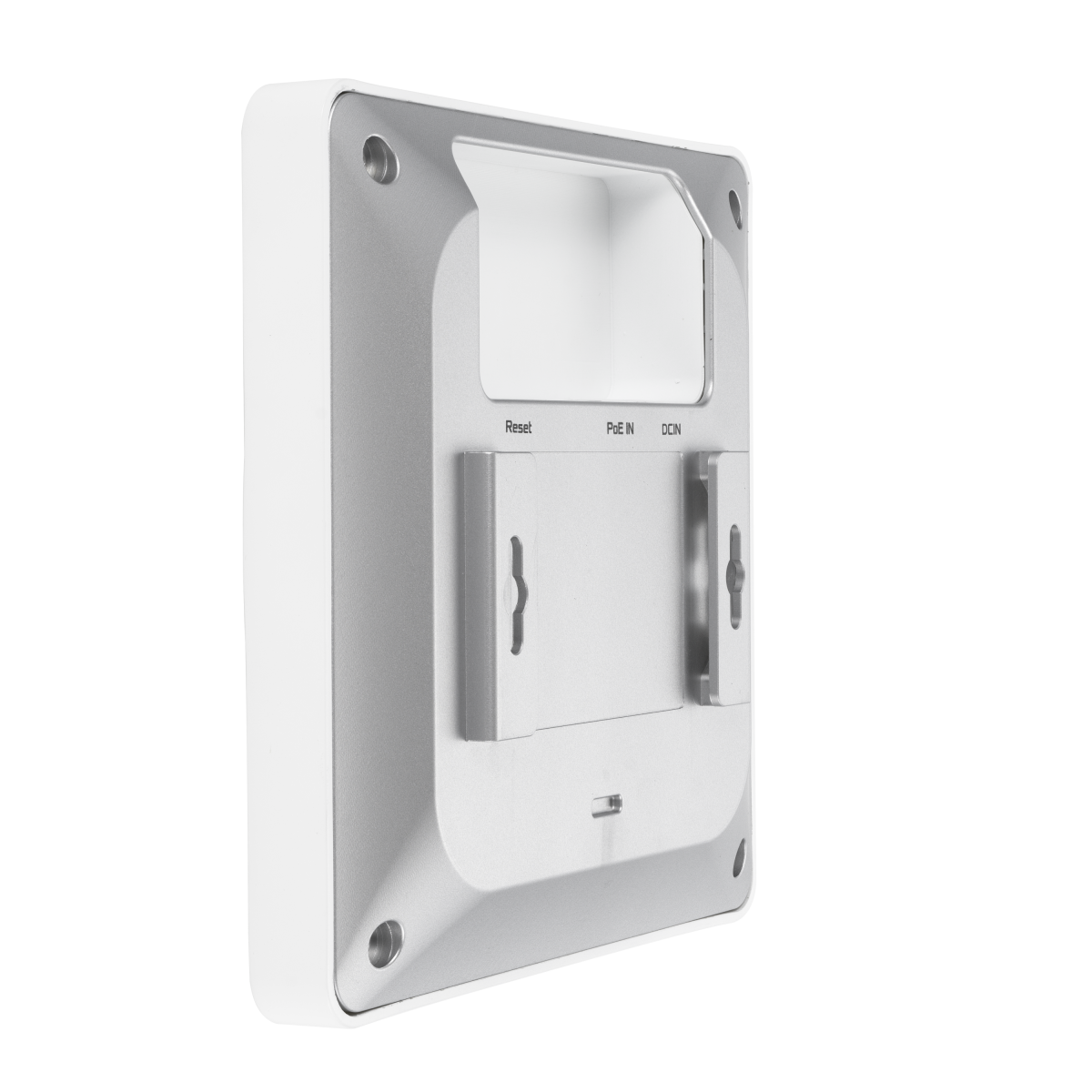 Białe urządzenie z wklęsłym obszarem. Ma dwa małe porty i przycisk reset. Białe tło.