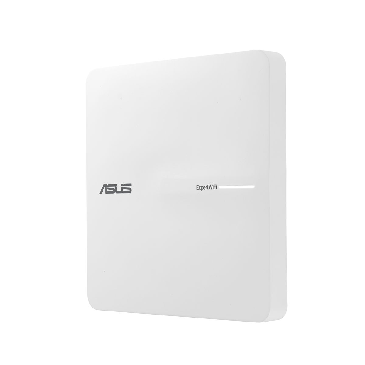 Białe urządzenie ASUS ExpertWiFi z logo, paskiem świetlnym na białym tle.