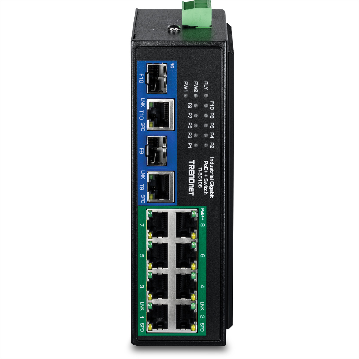 Schwarzer TRENDnet PoE++-Switch mit beschrifteten Anschlüssen, Ethernet-Anschlüssen. Das Gerät hat mehrere Anschlüsse und Beschriftungen.