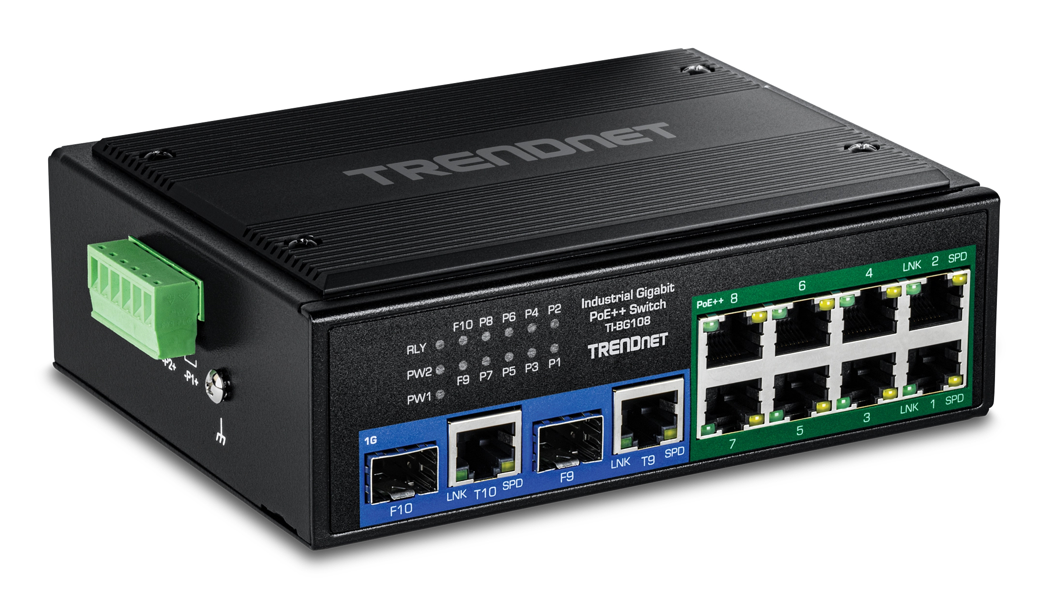 Schwarzer industrieller Ethernet-Switch mit mehreren Anschlüssen, Anzeigen und einem grünen Klemmenblock.