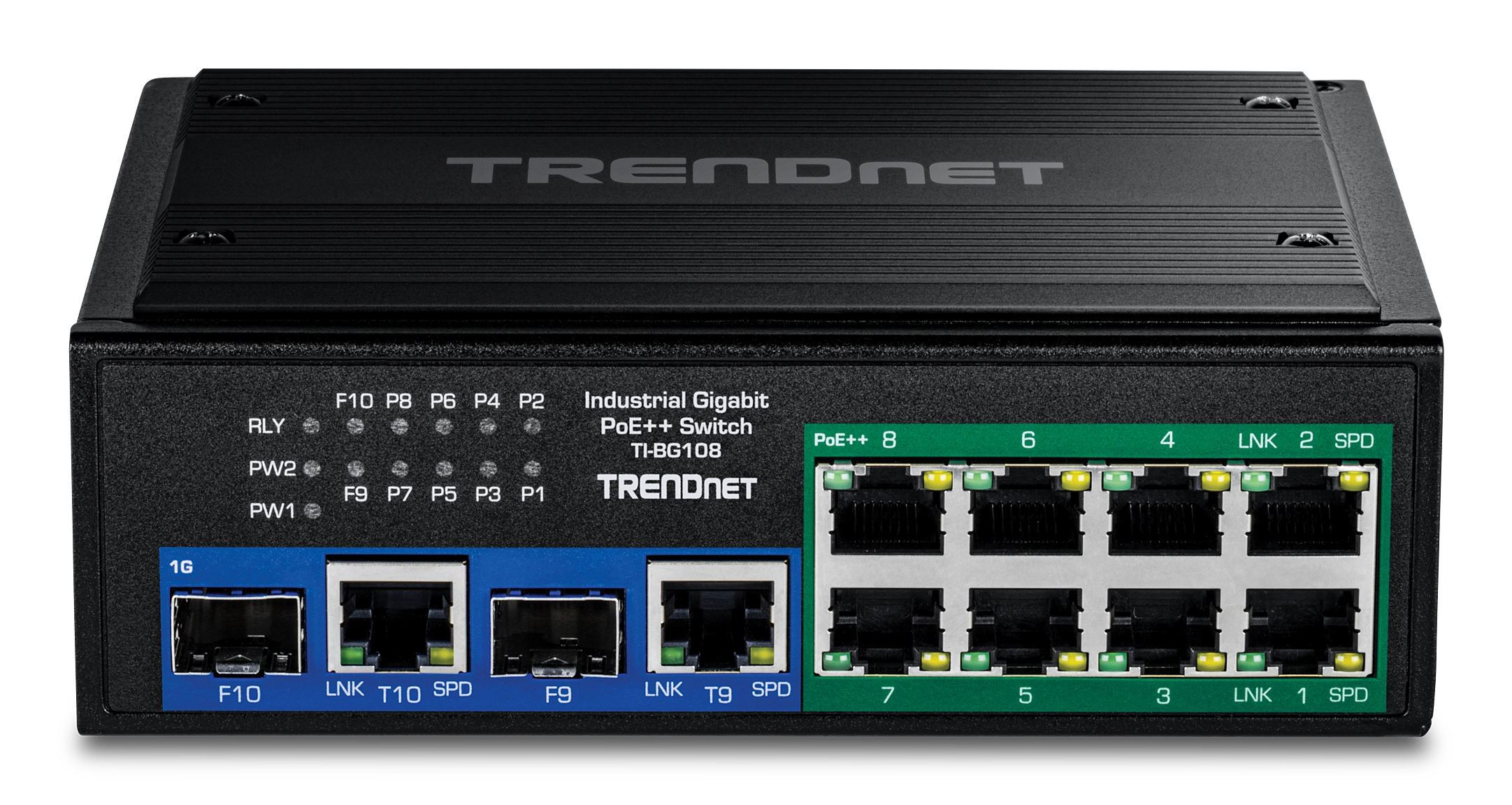 Schwarzer TRENDnet Industrial Gigabit PoE++ Switch mit Anschlüssen und Beschriftungen. Das Gerät ist schwarz, mit einem grünen Bereich.