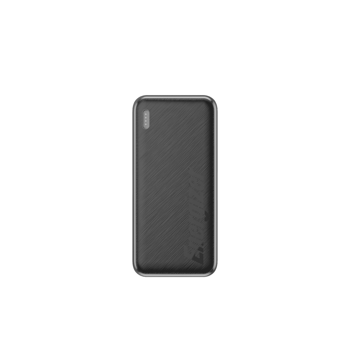 Un'elegante power bank grigio scuro con finitura strutturata. È rettangolare con un piccolo indicatore LED.