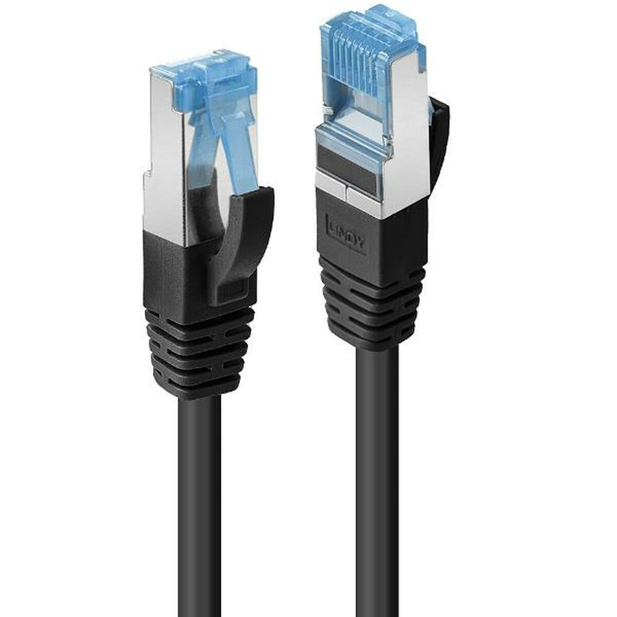 Zwei schwarze und blaue Ethernet-Kabel mit Steckern.