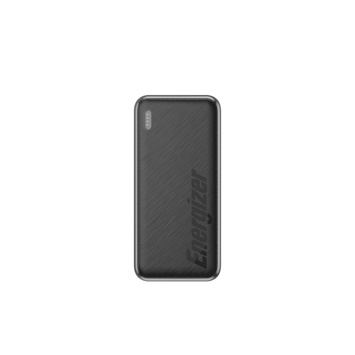 Power bank Energizer nero e grigio. Ha una superficie strutturata e il nome del marchio.