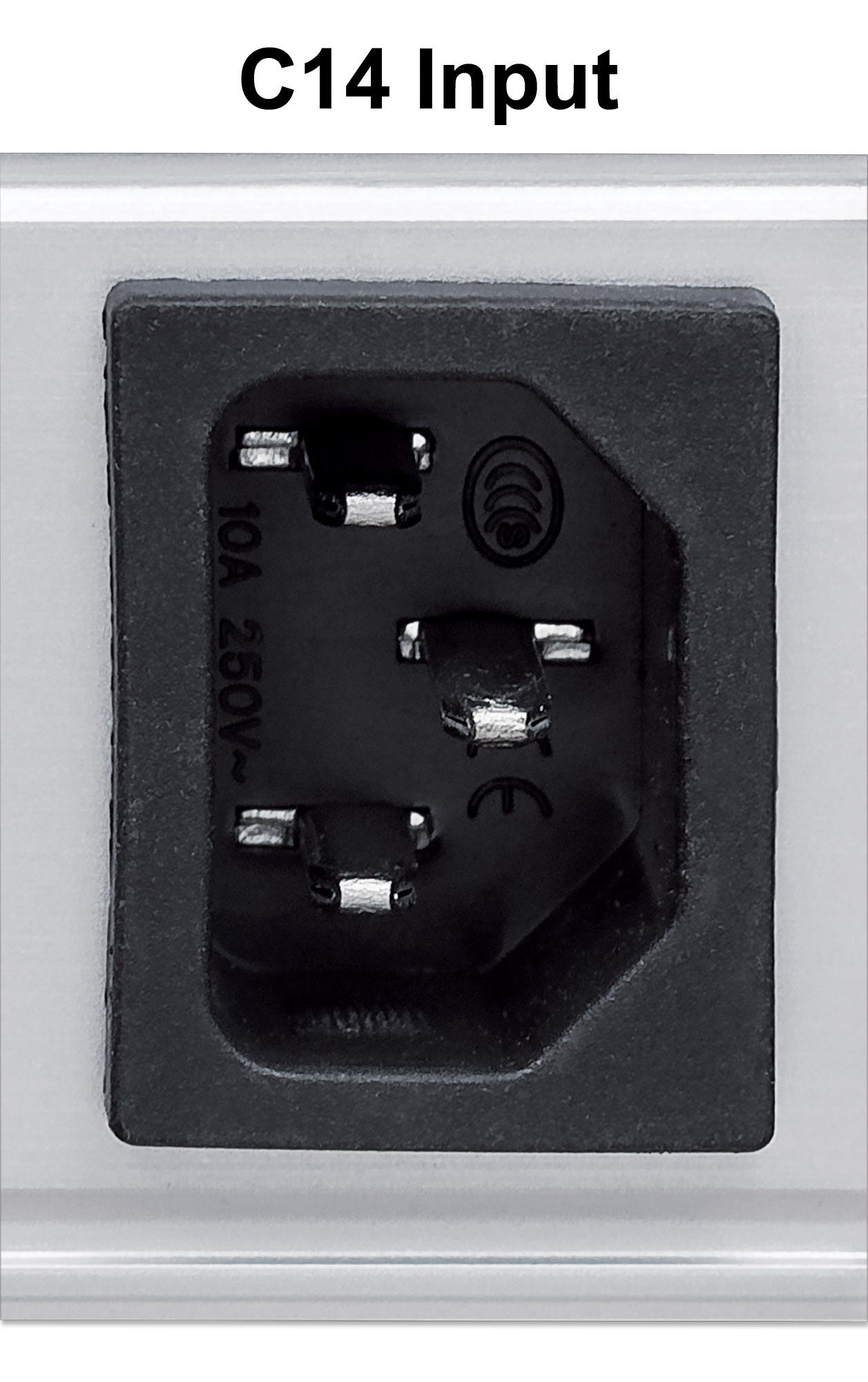 Primo piano di una presa di ingresso nero. Ha un'etichetta con il testo 'C14 Input'. La tensione è 250V.