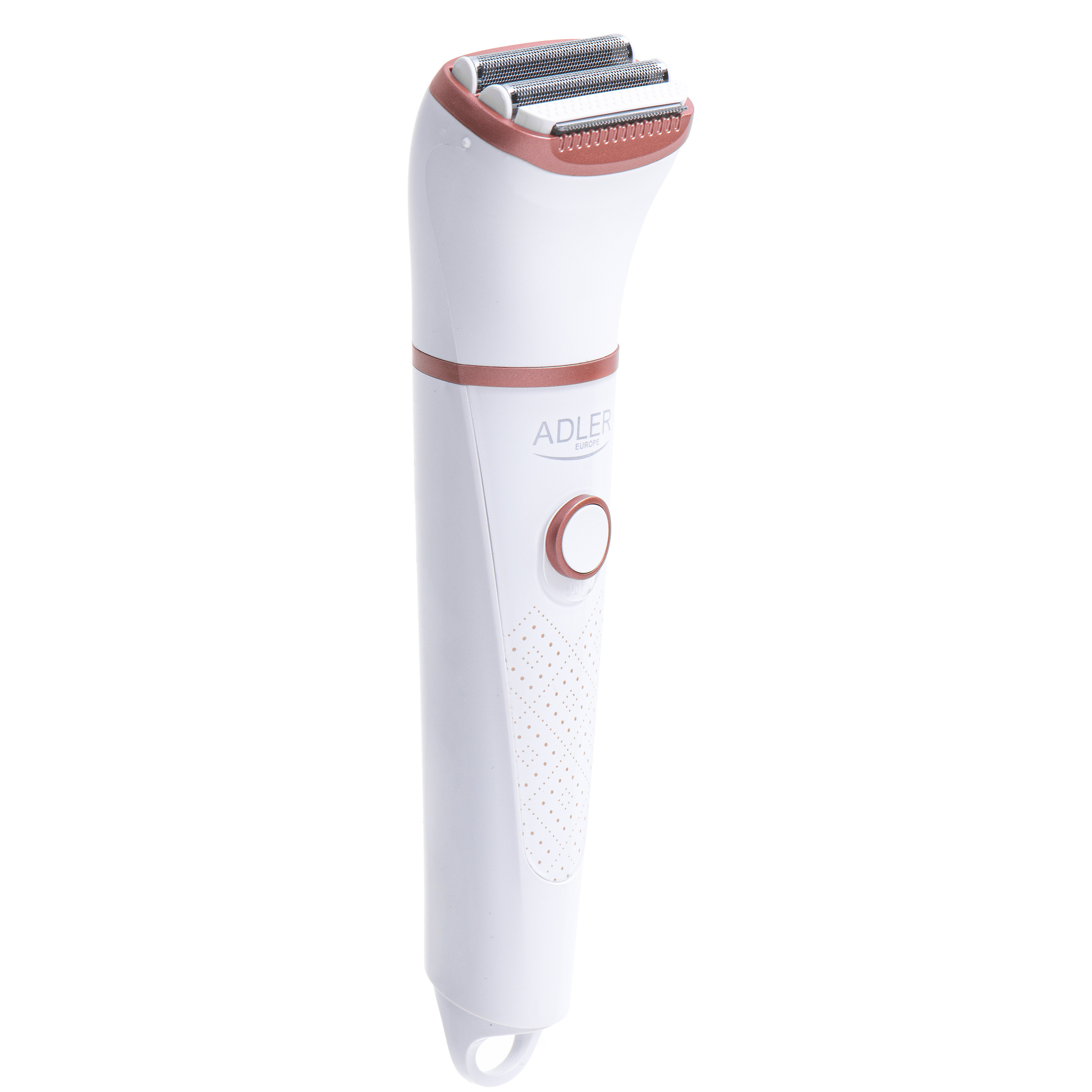 Rasoio elettrico bianco ADLER Europe con rifiniture oro rosa.