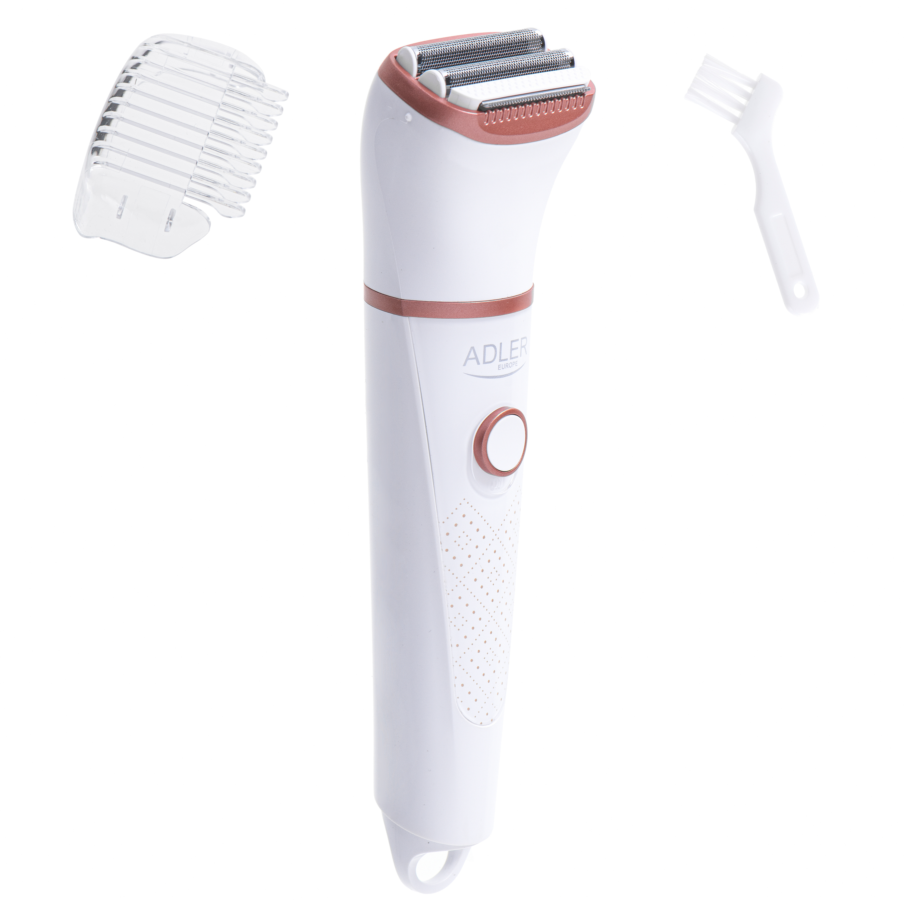 Un rasoio elettrico bianco e oro rosa con un accessorio trimmer e una spazzola per la pulizia.