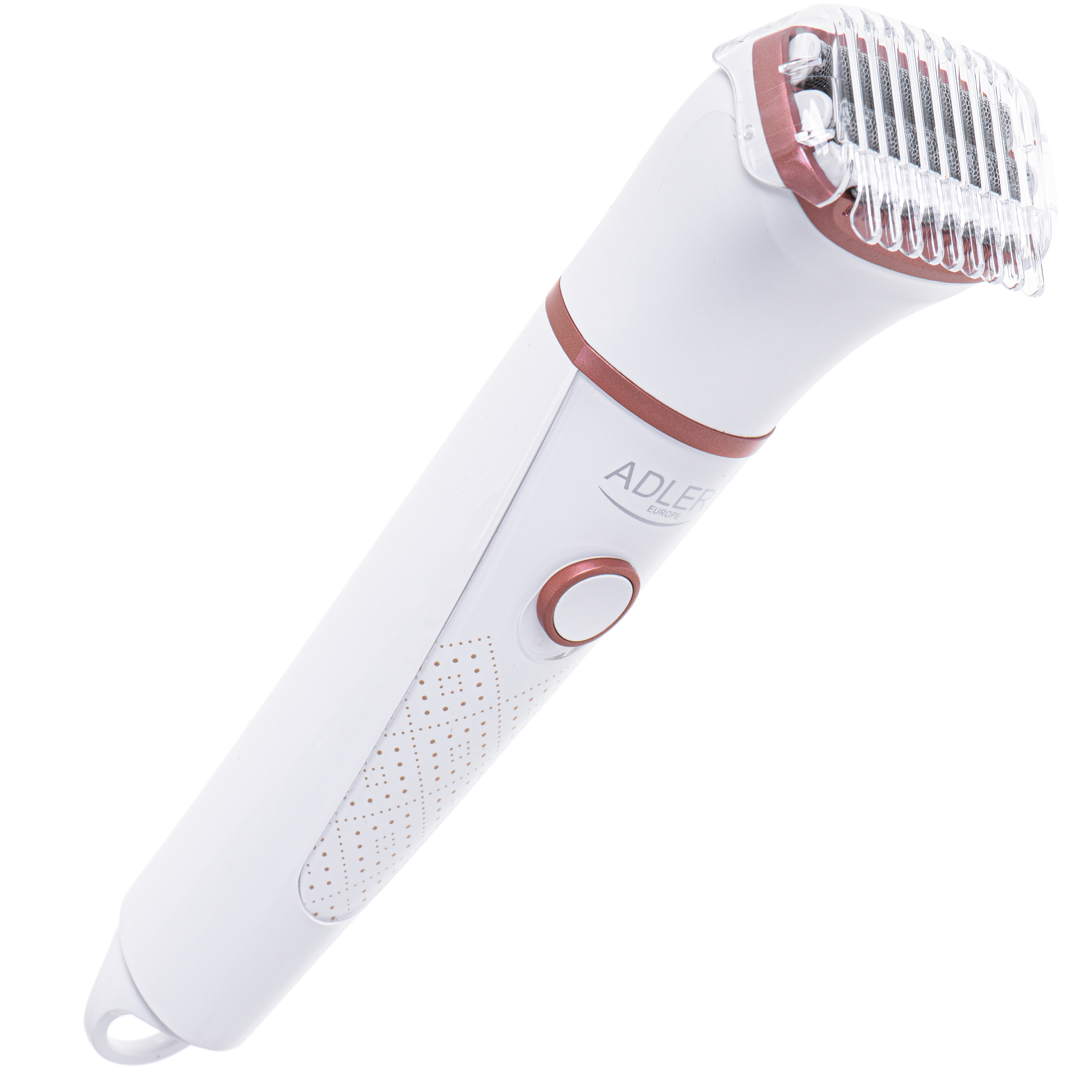 Rasoio elettrico bianco ADLER Europe con rifiniture oro rosa, protezione trasparente.