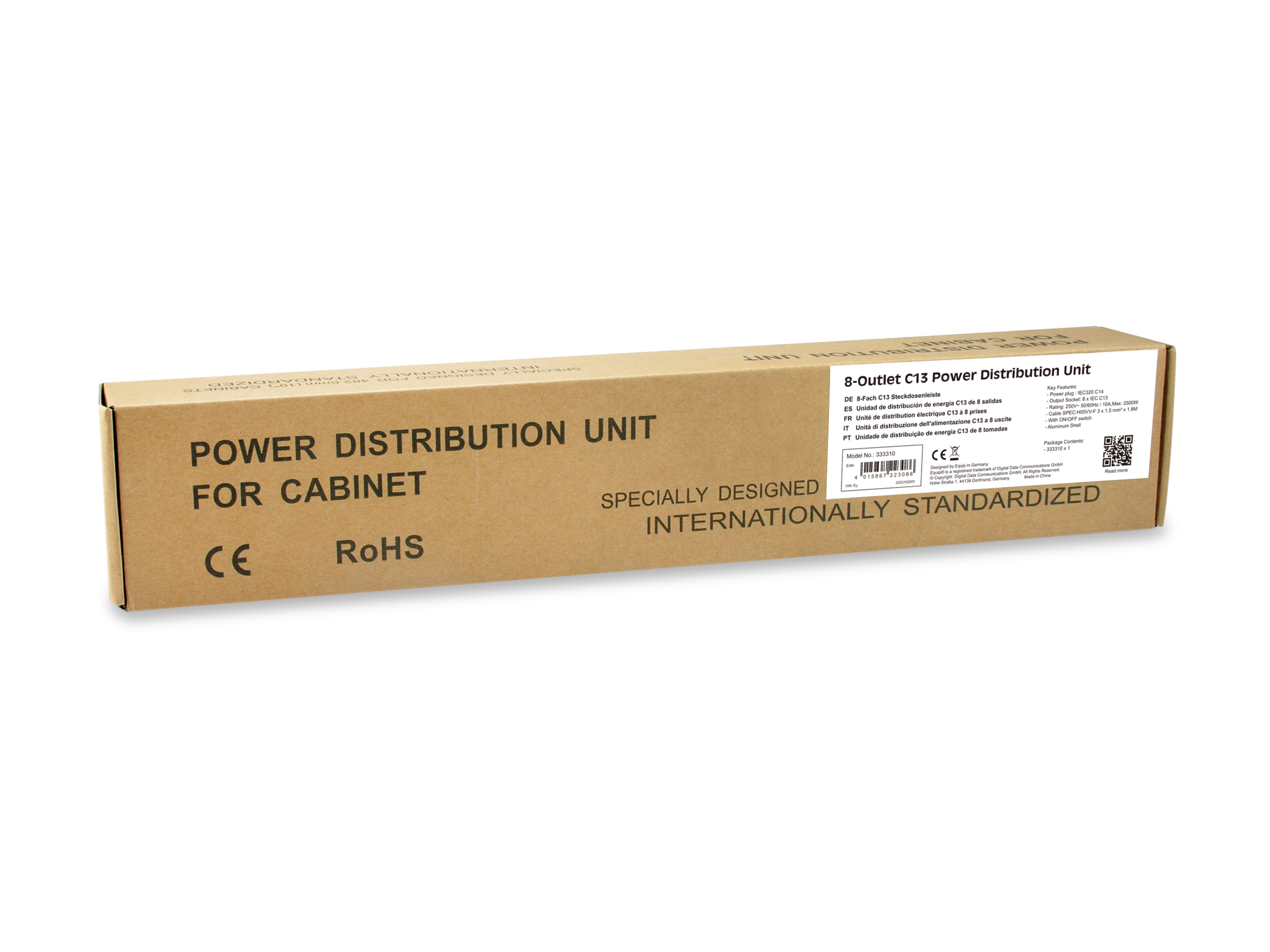 Karton mit der Aufschrift 'POWER DISTRIBUTION UNIT FOR CABINET'. Text und Logos sind aufgedruckt.