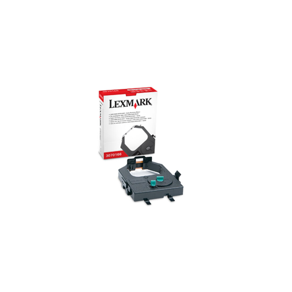 Eine Lexmark-Druckerfarbbandkassette und ihre Verpackung auf weißem Untergrund.