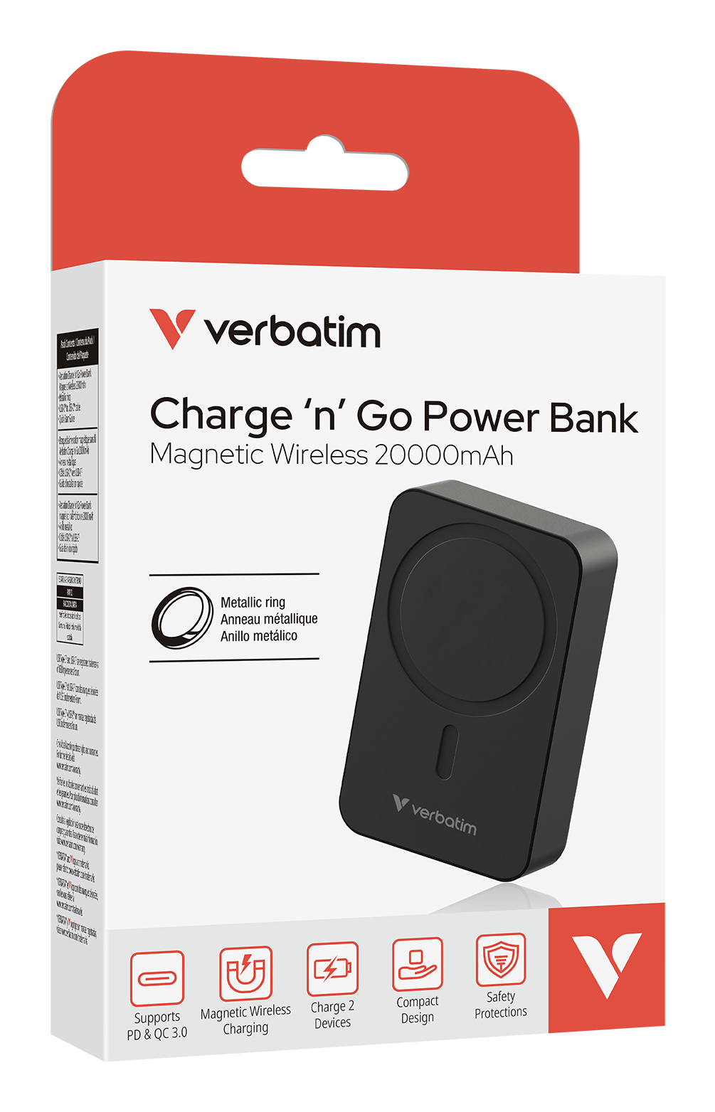 Czarny power bank z białym pudełkiem. Pudełko zawiera tekst, zdjęcie banku i logo na czerwonym tle.