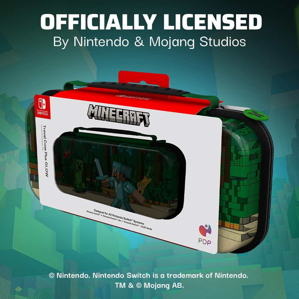 Opakowanie etui Switch Minecraft. Etui przedstawia spikselowane postacie. Tekst brzmi 'Oficjalnie licencjonowane przez Nintendo & Mojang Studios'.