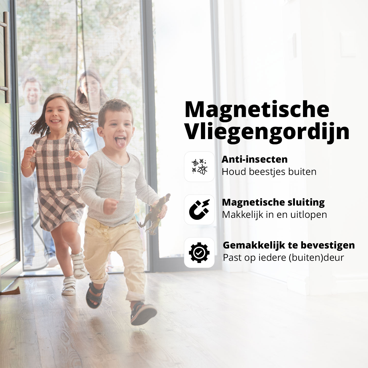 Twee kinderen rennen door een deur. Tekst luidt 'Magnetisch Vliegengordijn' en beschrijft anti-insecten, magnetische sluiting en eenvoudige installatie.