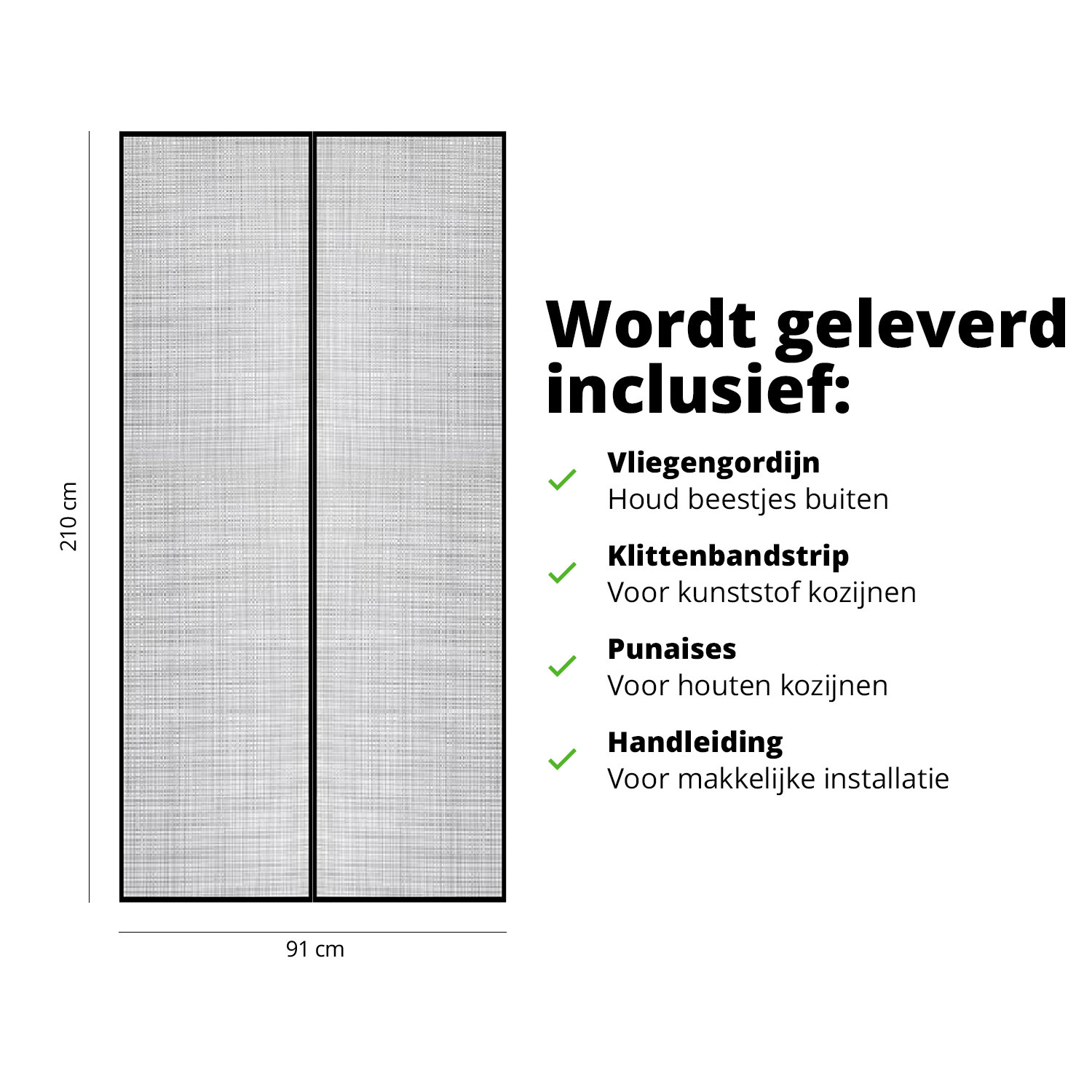 Een zwart gaasscherm met zwarte randen. Afmetingen en tekst die aangeeft wat is inbegrepen: scherm, tape, punaises en instructies.
