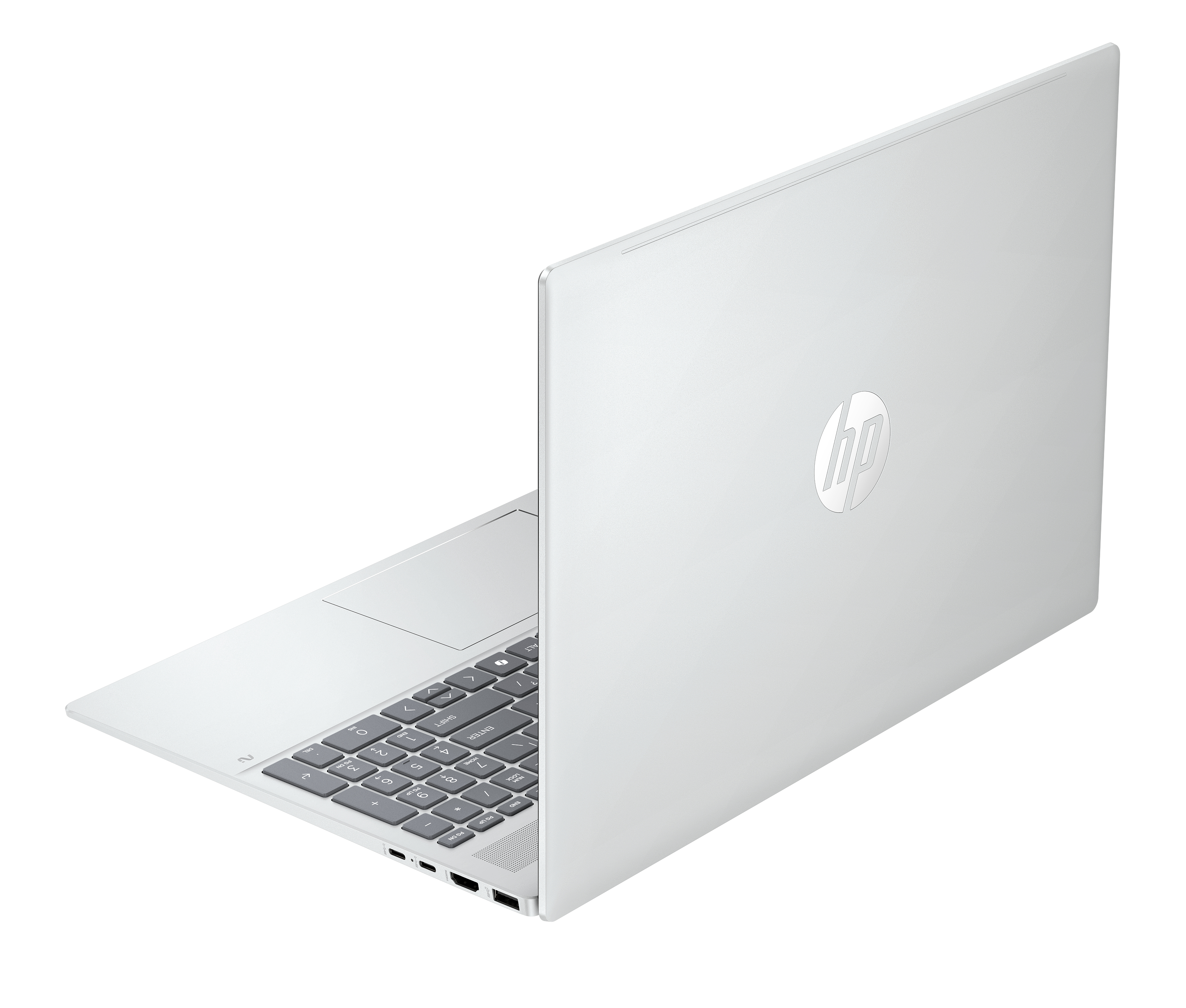 Un laptop bianco è mostrato ad angolo, con il retro rivolto verso l'osservatore e il logo HP visibile.