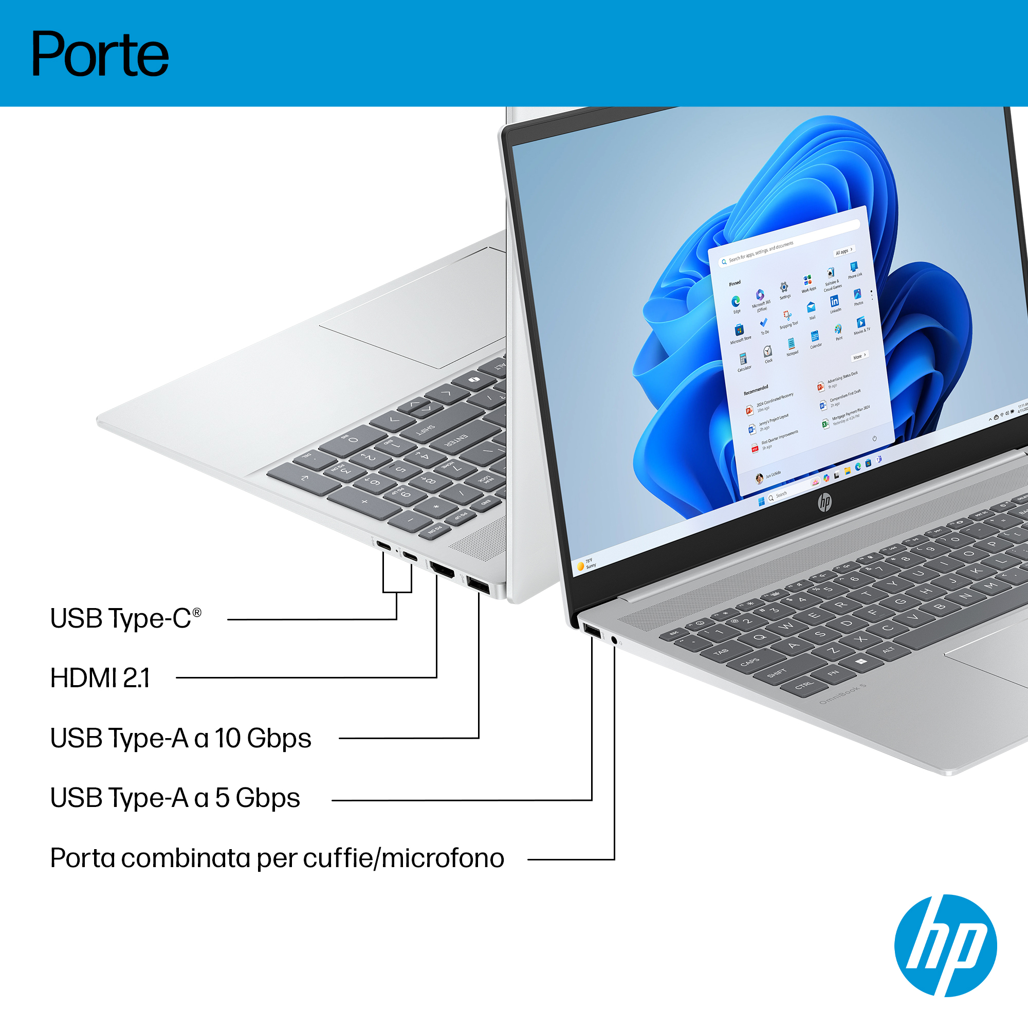 Laptop con porte etichettate. USB Type-C, HDMI 2.1, USB Type-A 10 Gbps, USB Type-A 5 Gbps.