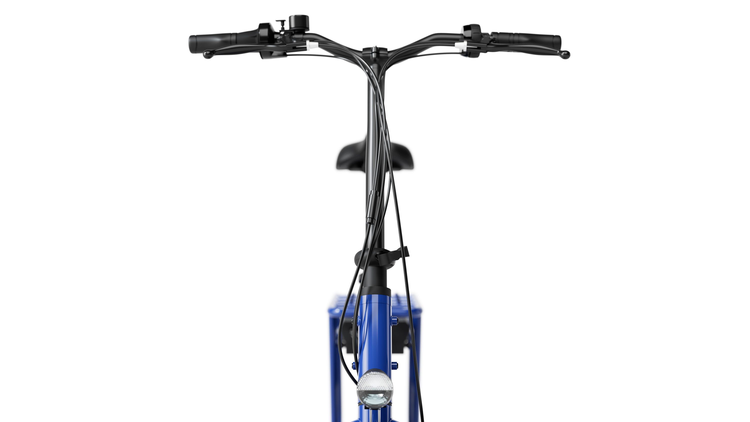 Nahaufnahme eines blauen E-Bike-Lenkers mit Bedienelementen und einer Klingel auf weißem Hintergrund.