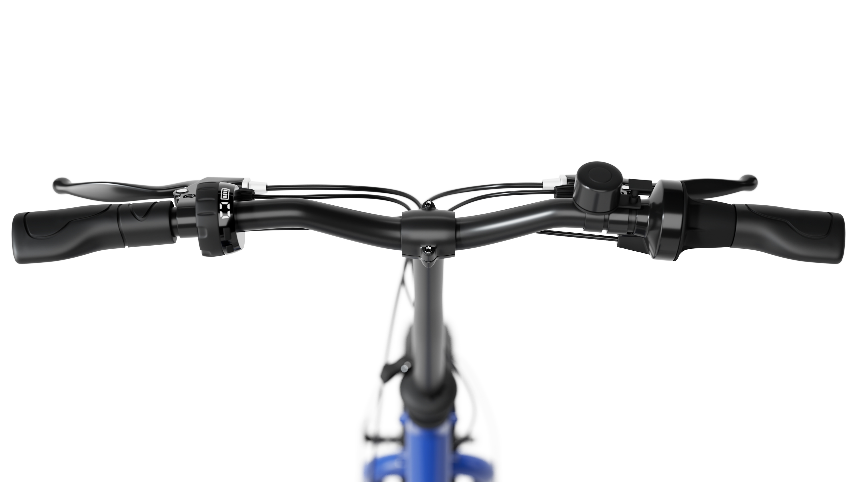 Draufsicht auf einen blauen E-Bike-Lenker mit Bedienelementen und Griffen auf weißem Hintergrund.